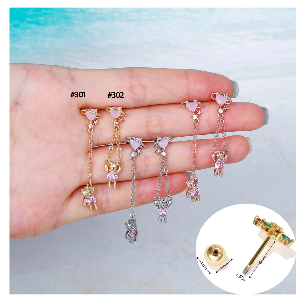 20G Teddy Bear Heart Dangle Chain Conch Earring - Surgical Steel Cartilage Piercing Jewelry for Women | Perfect for Everyday Wear, Parties & Gifts