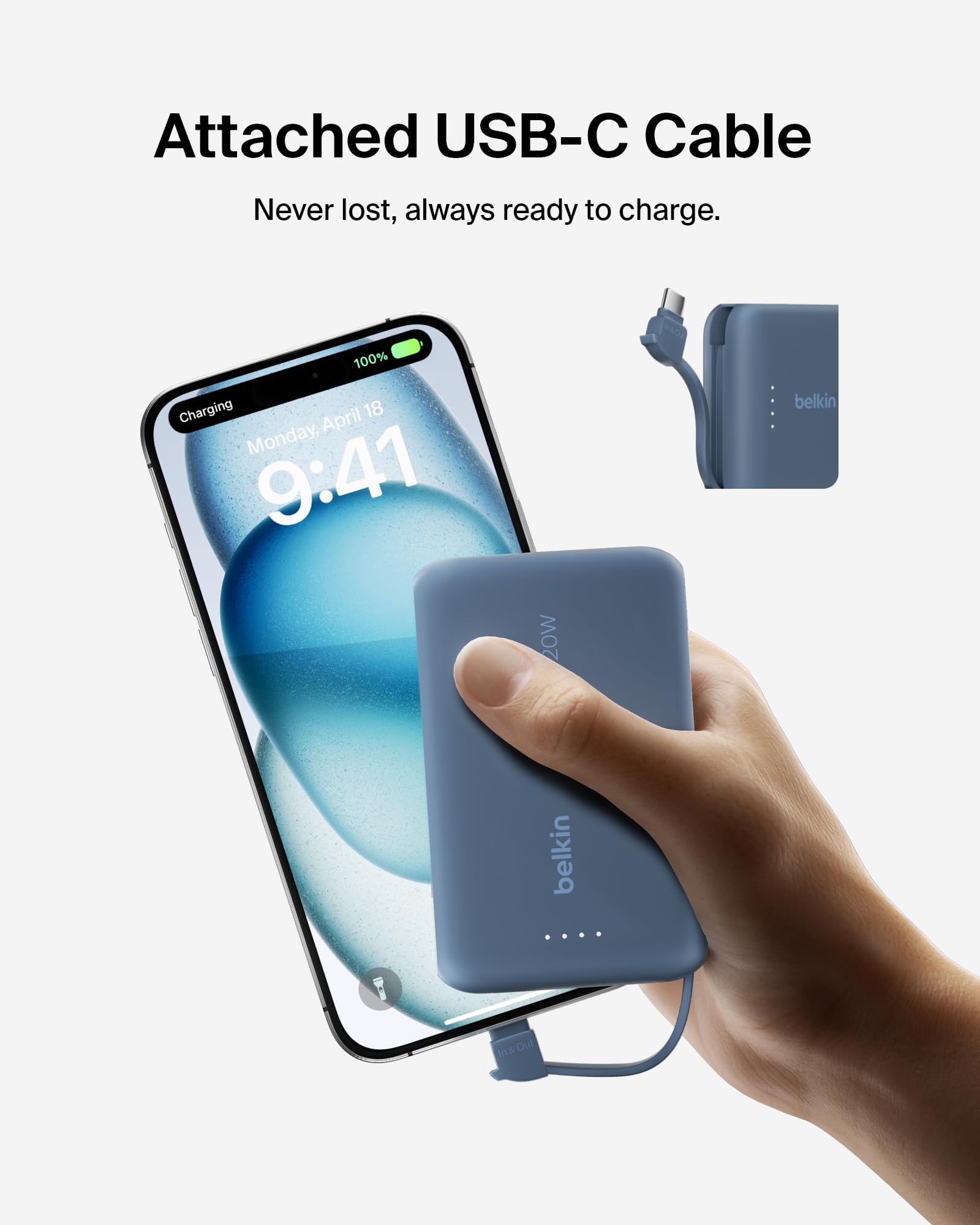 Belkin 10K PD 20W Power Bank with Built-in USB-C Cable - Fast Charging Portable Battery Pack for iPhone 16, iPad, Galaxy S25, Nintendo Switch 2 | Perfect for Travel, Camping & Emergency Power Backup - Blue