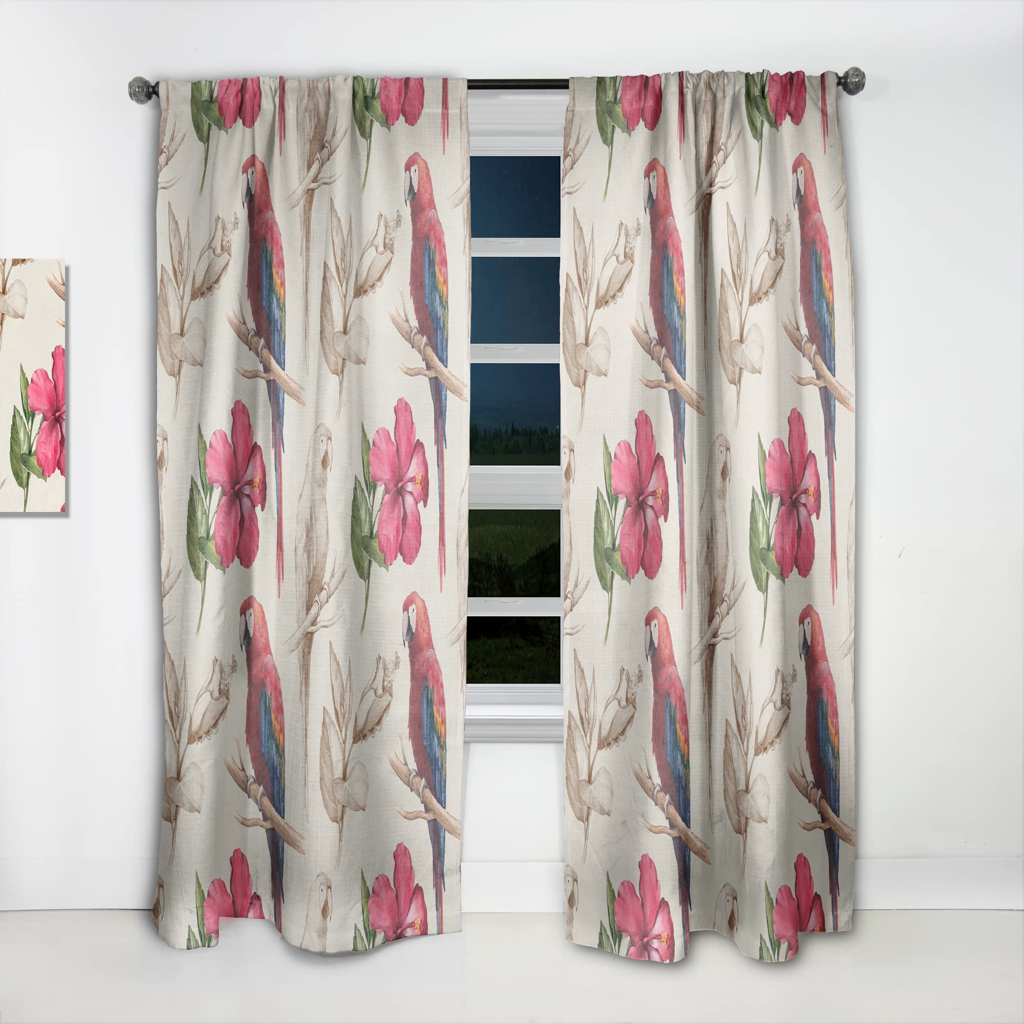DesignQ Thermal Insulated Curtains - Macaw Parrot & Hibiscus Flower Pattern - 52x120 Inches Single Panel for Bedroom & Living Room | Energy Saving, Blackout Drapes for Home Decor