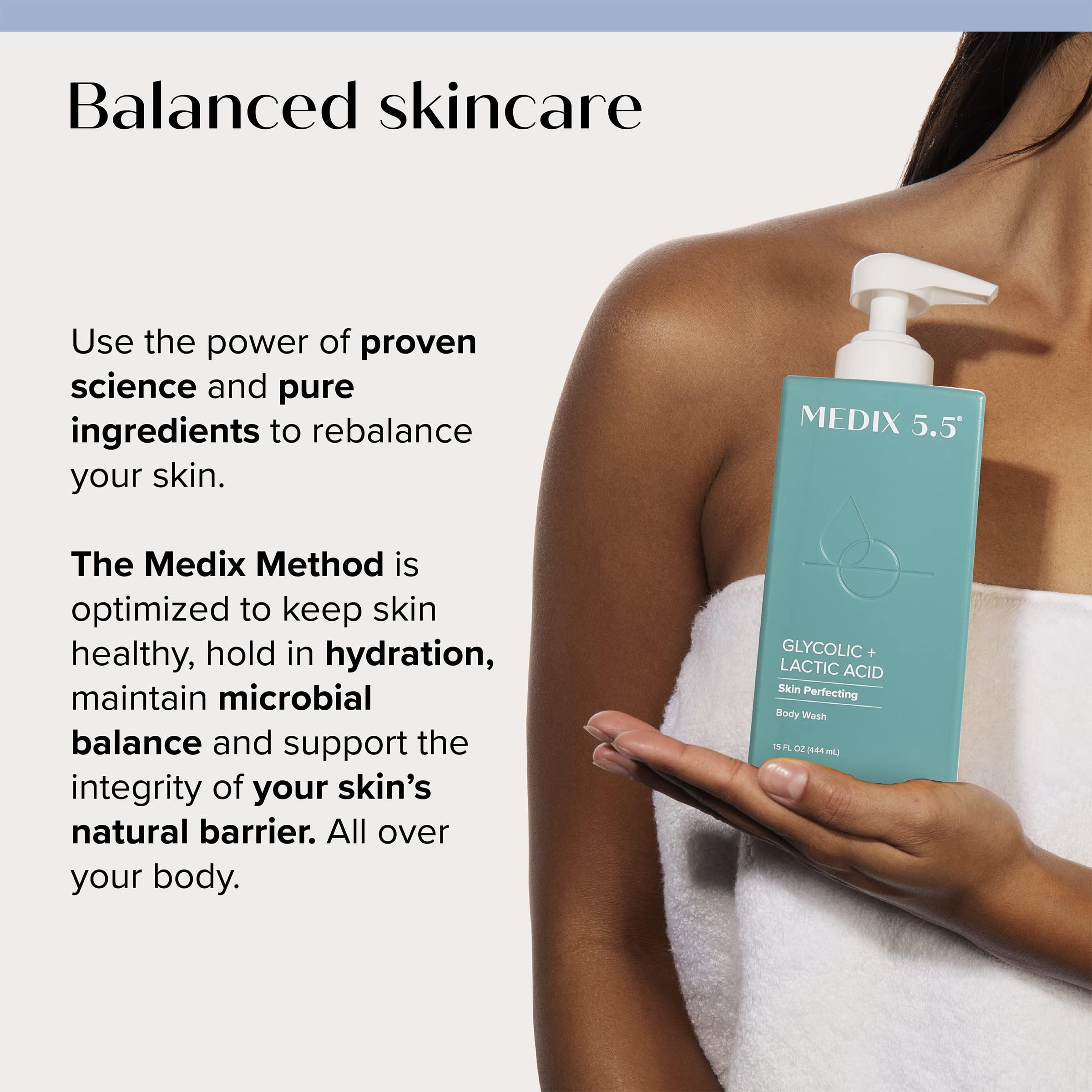 Medix 5.5% Glycolic Acid + Lactic Acid Exfoliating Body Wash for KP Bumps & Acne - AHA Foaming Cleanser for Keratosis Pilaris, Anti-Aging & Smooth Skin - Face & Body Wash for Dry, Rough Skin - 15 Fl Oz | Perfect for Daily Exfoliation & Improving Skin Texture