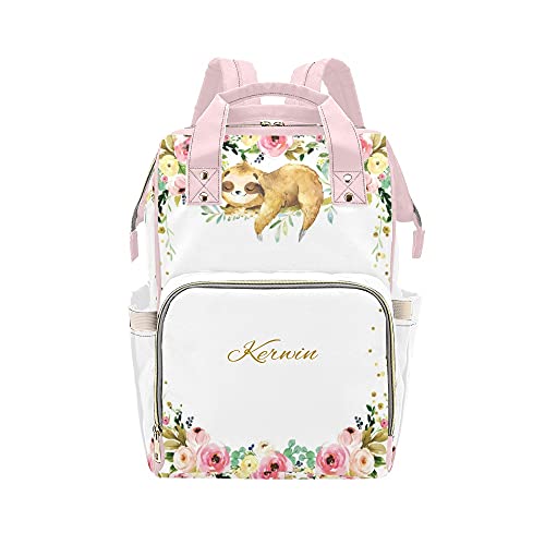 Personalized Sloth & Flower Diaper Backpack - Custom Name Text, Large Capacity Multi-Functional Unisex Baby Bag for Travel, Parents & Kids | Perfect for Daycare, Family Outings & Baby Essentials Storage