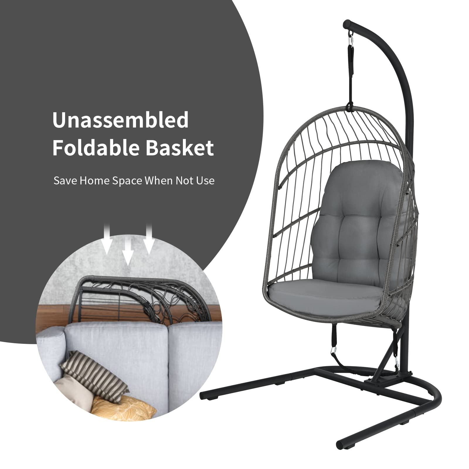 Giantex Foldable Hanging Egg Chair with Stand - Indoor/Outdoor Rattan Swing Chair with Cushions & C-Shaped Hammock Stand - Perfect for Bedroom, Balcony, Patio & Backyard Relaxation (Grey)