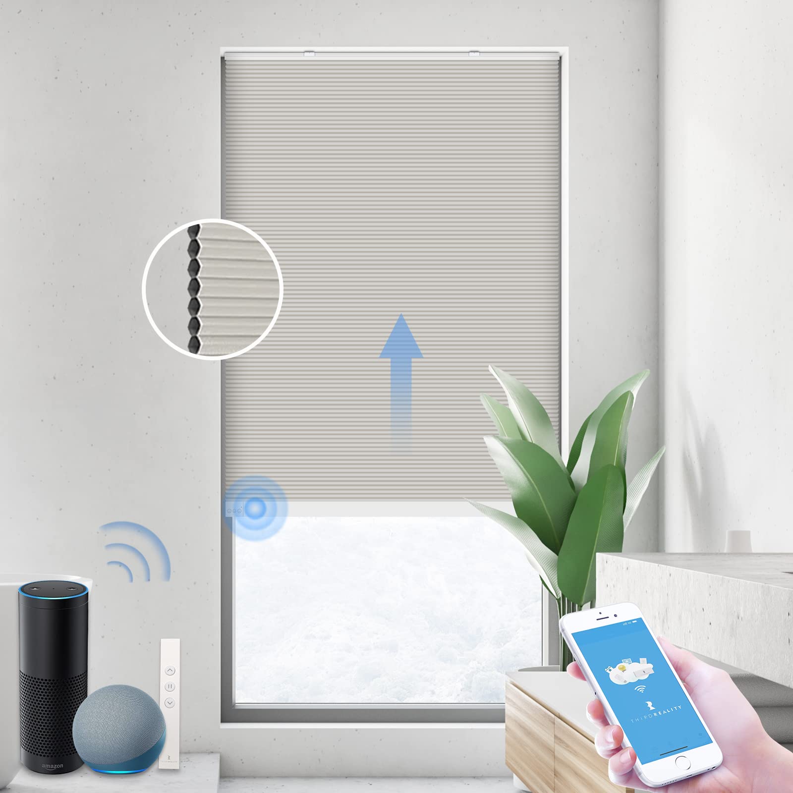 ThirdReality ZigBee Smart Blinds - Motorized Blackout Cellular Shades with Remote Control, Cordless Honeycomb Window Coverings, Auto Height Adjustment, Battery Powered (30