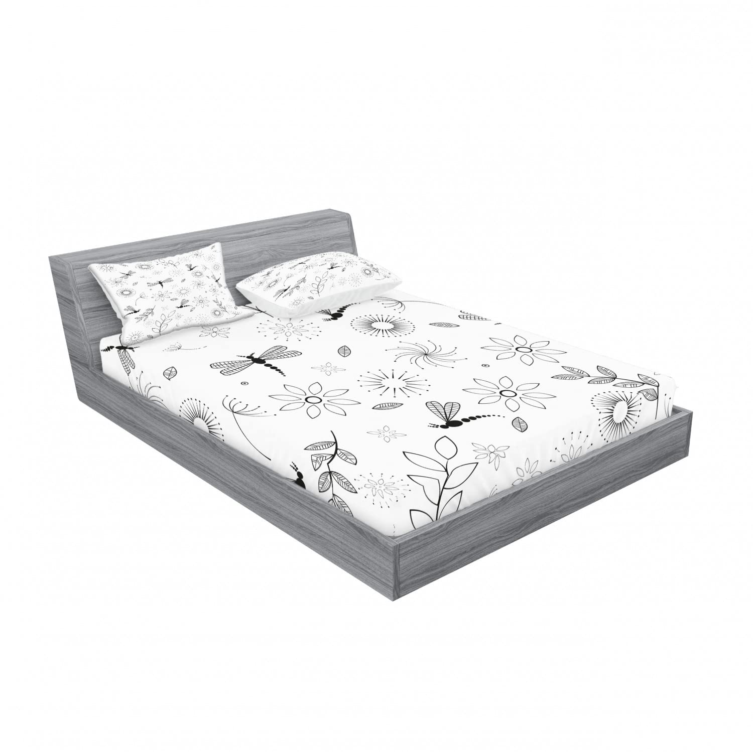 Ambesonne 2-Pack Queen Size Fitted Sheet & Pillow Sham Set - Black and White Dragonfly Floral Pattern Bedding Decor (Includes 2 Fitted Sheets & 4 Pillow Covers) | Perfect for Guest Rooms, Vacation Homes & Bohemian Bedroom Decor