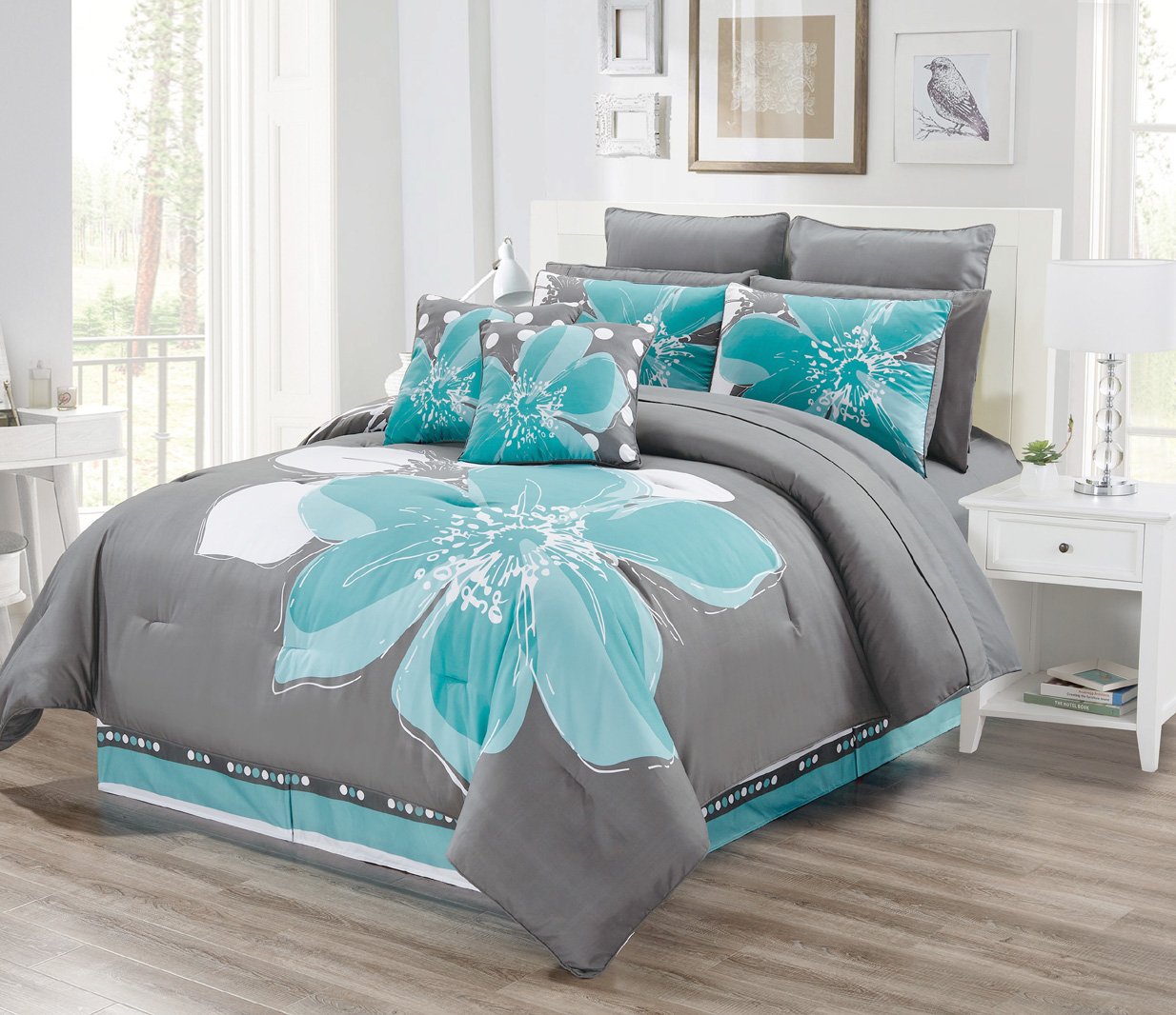 12-Piece Floral Queen Size Bedding Set - Comforter, Sheets & Accent Pillows in Aqua Blue, Grey & White | Perfect for Master Bedroom, Guest Room & Dorm Decor