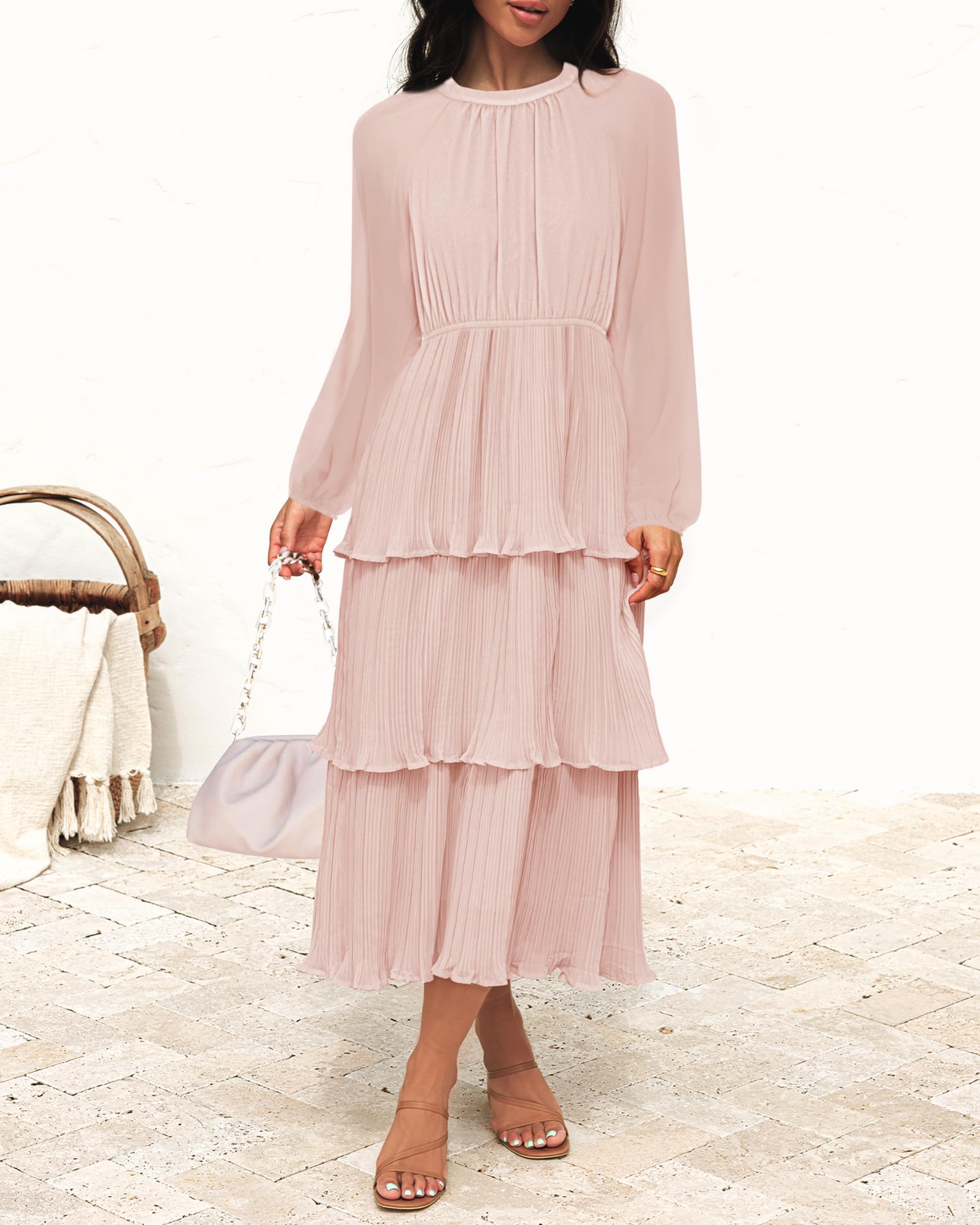 ZESICA Women's 2025 Long Sleeve Chiffon Dress with Ruffle Tiered Layers - Elegant Crew Neck Swing Midi Dress for Party, Wedding & Special Occasions