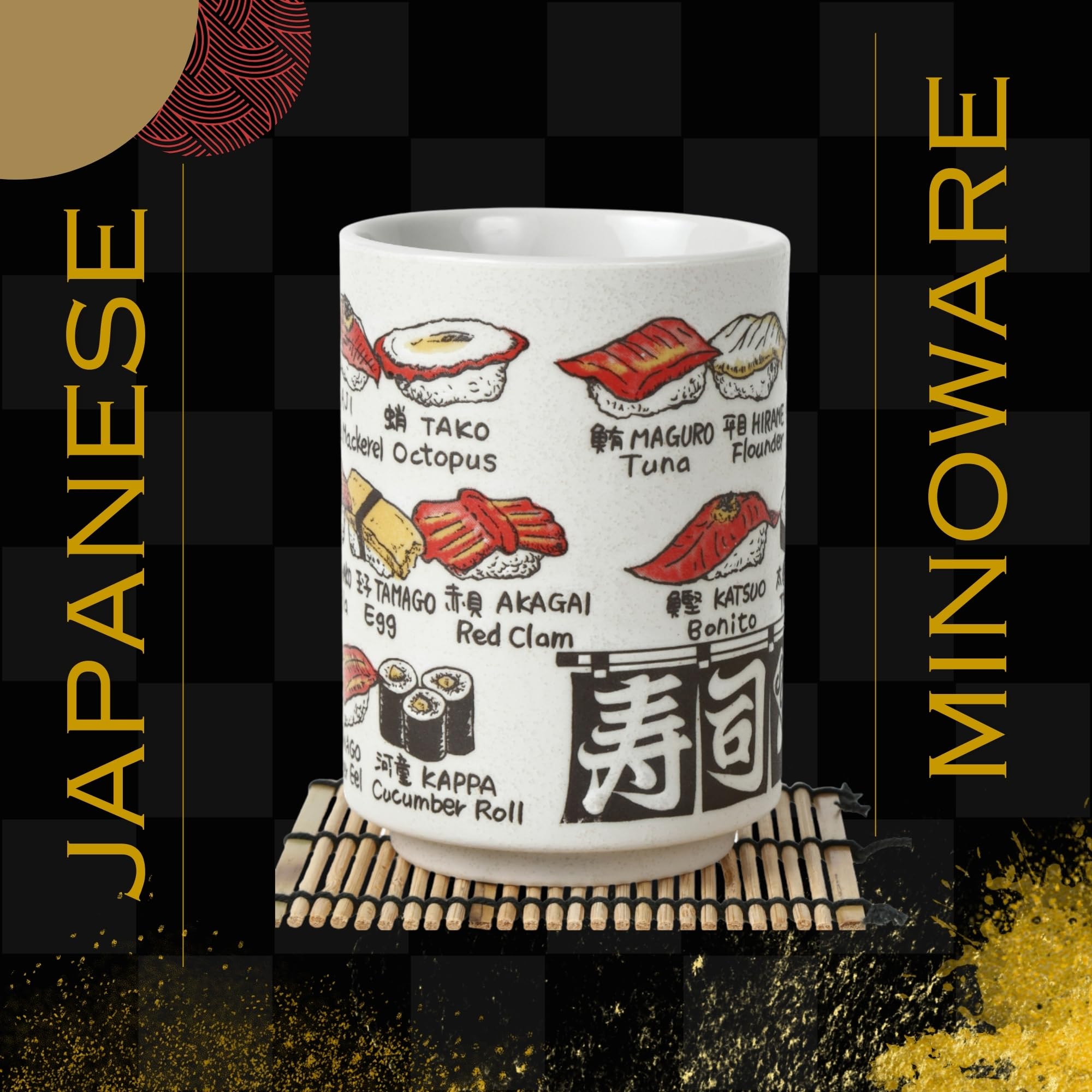 Premium Japanese Tea Cups Set of 2 - Authentic Sushi-Yunomi Mino Ware Ceramic Cups with Bamboo Coaster - Perfect for Sushi Restaurants, Tea Ceremonies & Asian Home Decor