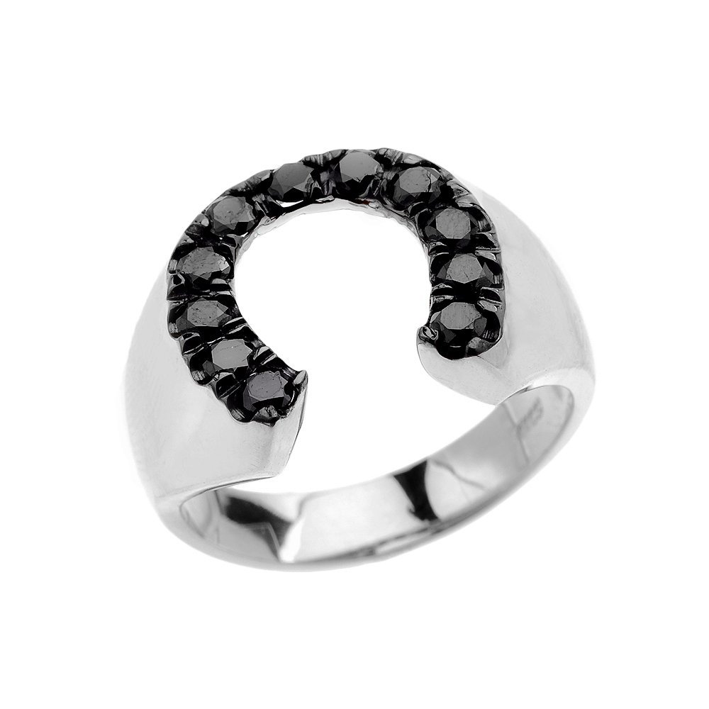 Men's Sterling Silver Black CZ Horseshoe Ring for Good Luck - Elegant Jewelry Gift for Men, Boyfriend, Husband - Perfect for Everyday Wear, Parties, and Special Occasions