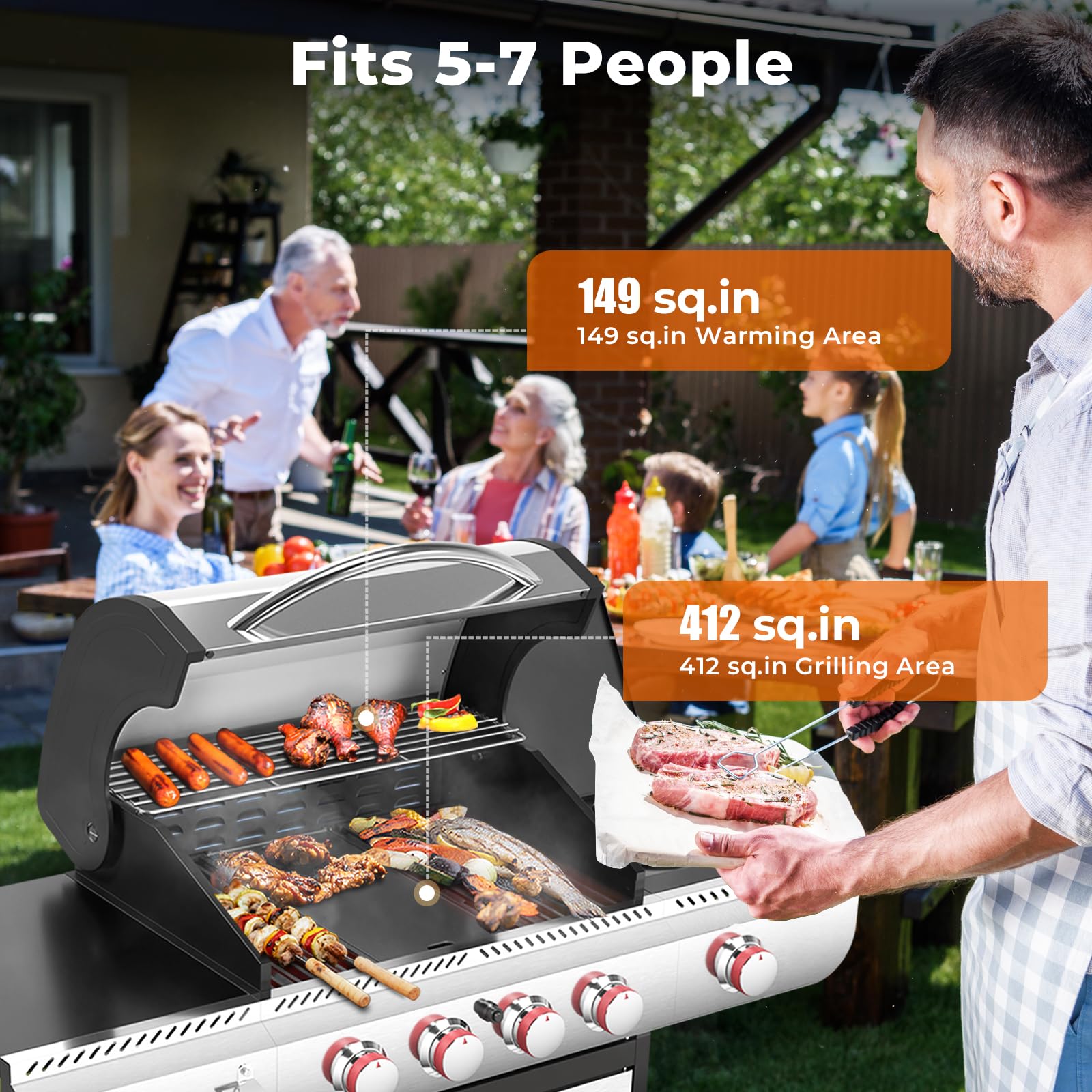 R.W.FLAME 4-Burner Propane Gas Griddle Grill Combo - 42,000 BTU, 561 sq.in Cooking Surface with Porcelain-Enameled Cast Iron Grates & Griddle Plate - Includes Side Burner for Outdoor BBQ, Backyard Parties, Camping & Tailgating - Silver Patio Grill for Garden, Deck & Picnic Use