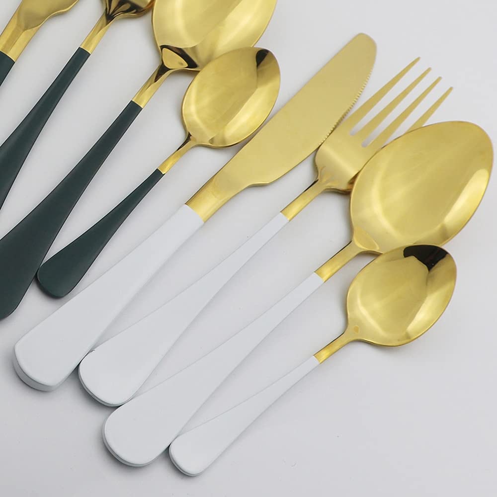 32-Piece Pink Gold Silverware Set - Stainless Steel Knife Fork Spoon Teaspoon Cutlery Flatware for Dining, Kitchen & Tableware - Elegant Gold Finish for Weddings, Parties & Everyday Use - BY ZZYY