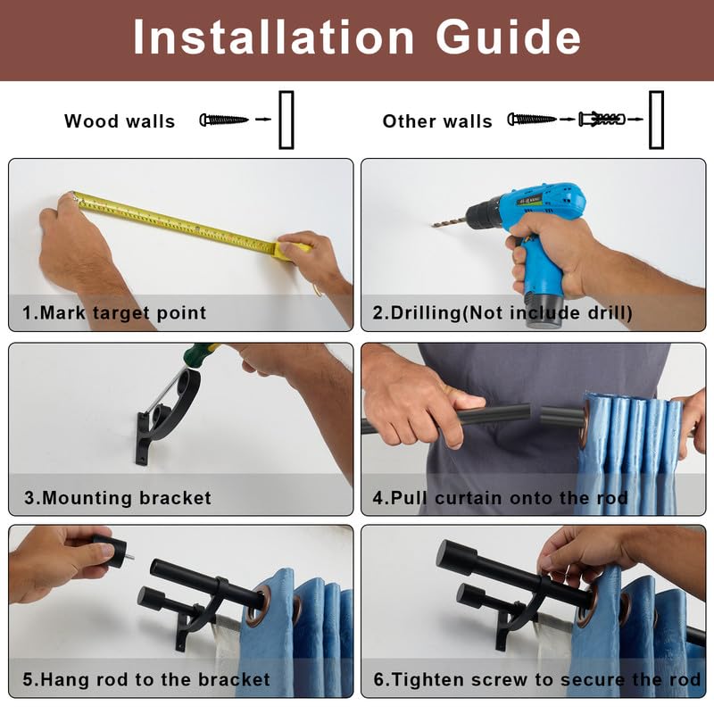 72 to 144 Inch (6-12ft) Matte Black Heavy Duty Double Curtain Rod - 1