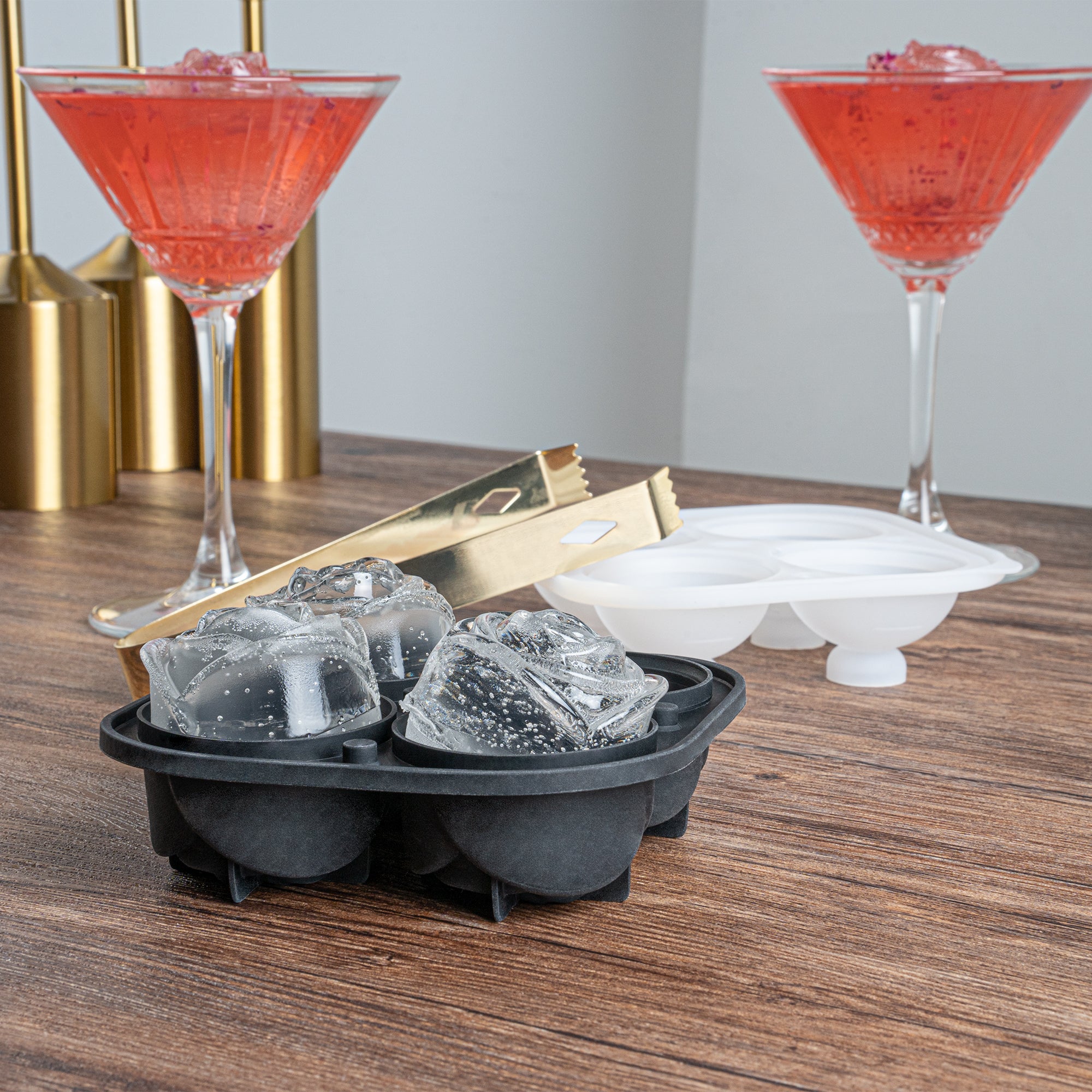 Premium Black Silicone Ice Cube Tray - 2 Rose & 4 Compartment Molds (1 Count) for Cocktails, Whiskey & Elegant Drink Presentation
