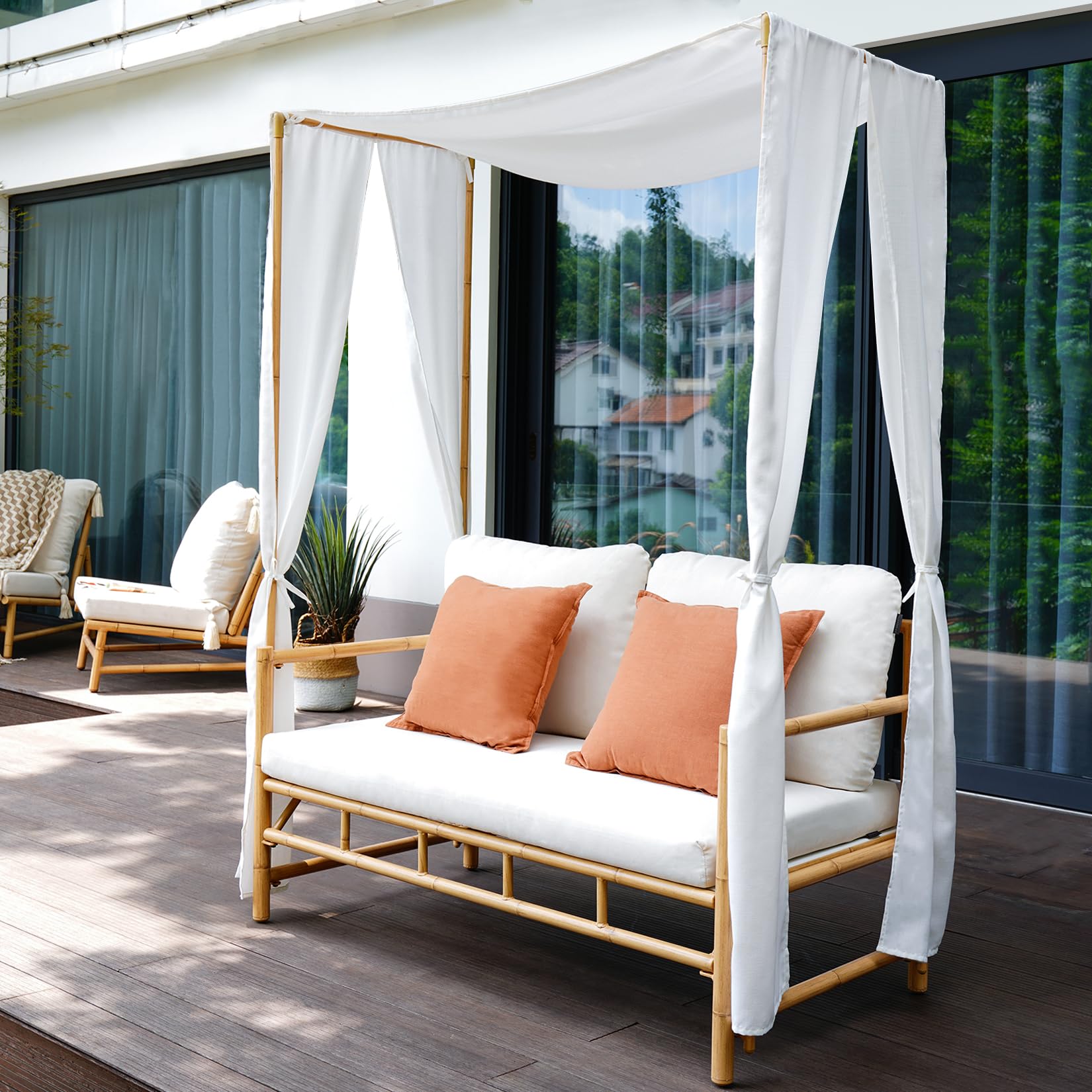 **Outdoor Loveseat with Canopy - Metal Patio Sofa with Thick Cushions, Tropical-Style Garden Furniture with Bamboo Finish in White - Perfect for Poolside, Patio, or Backyard Relaxation**