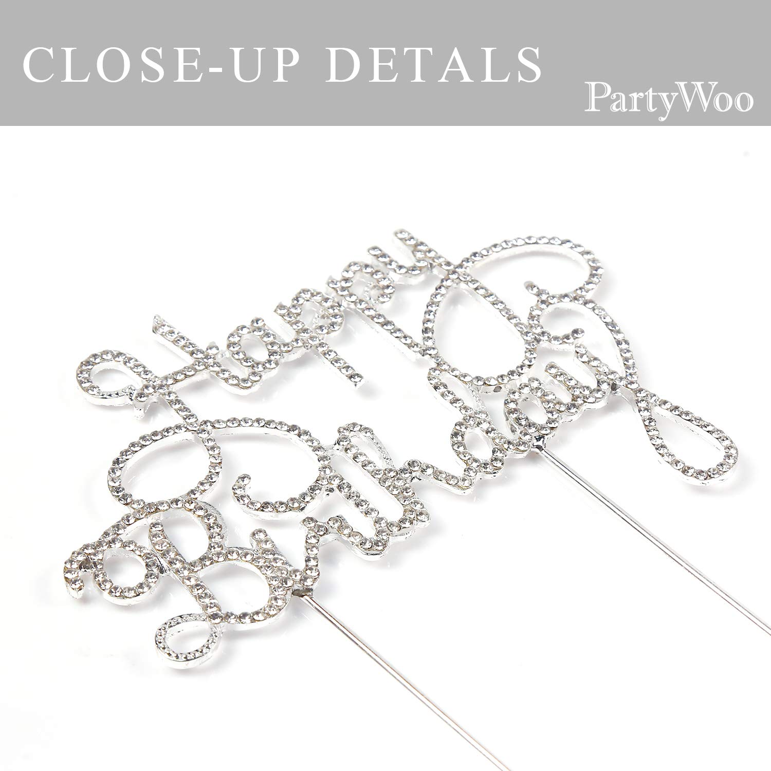PartyWoo Silver Rhinestone Happy Birthday Cake Topper - 6.7 Inch Reusable Cake Decorations for Birthday Parties, Weddings & Special Celebrations (1 Piece)
