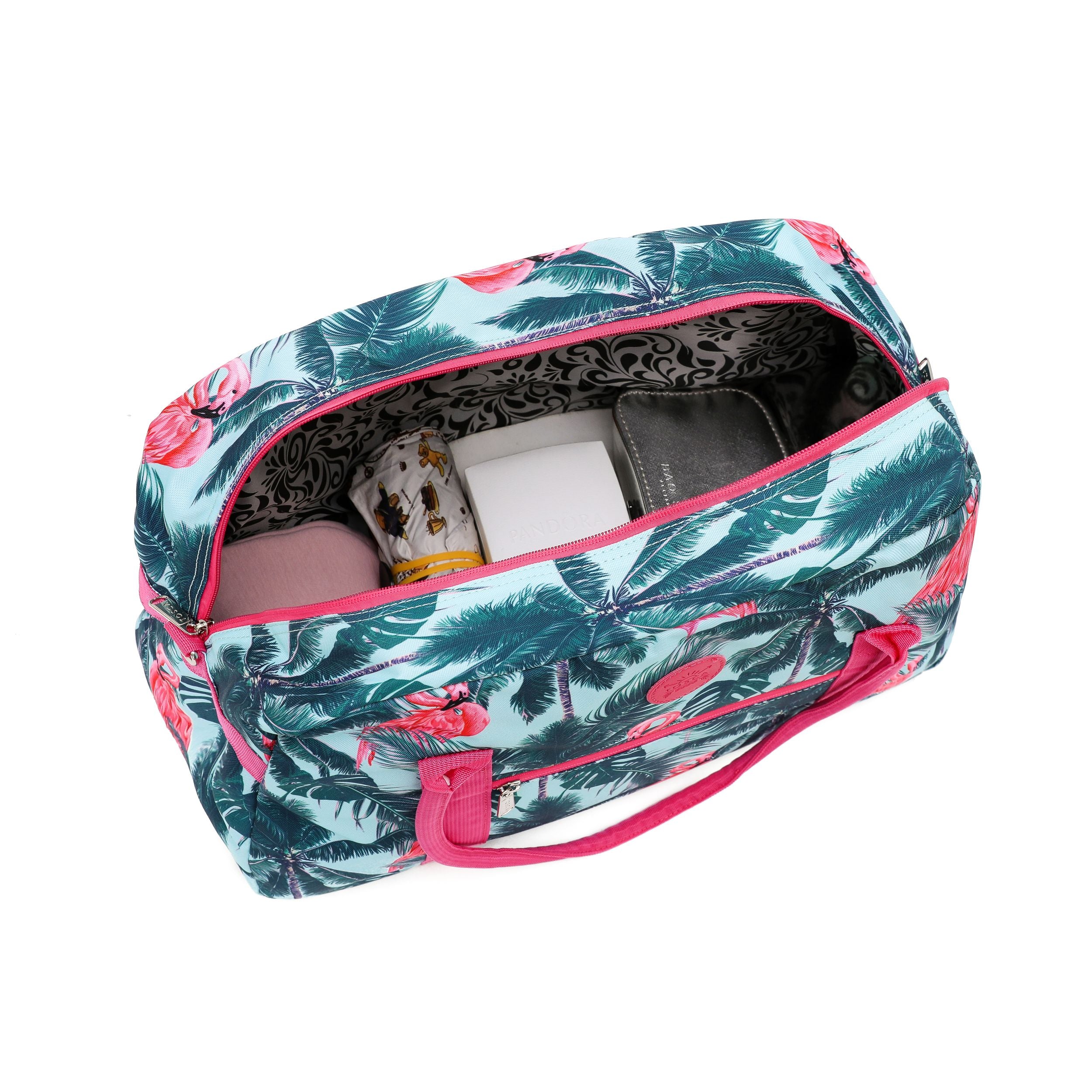 Tosca TCA935 Stylish Flamingo Print Tote & Duffle Bag for Women - Perfect for Travel, Gym, and Everyday Use