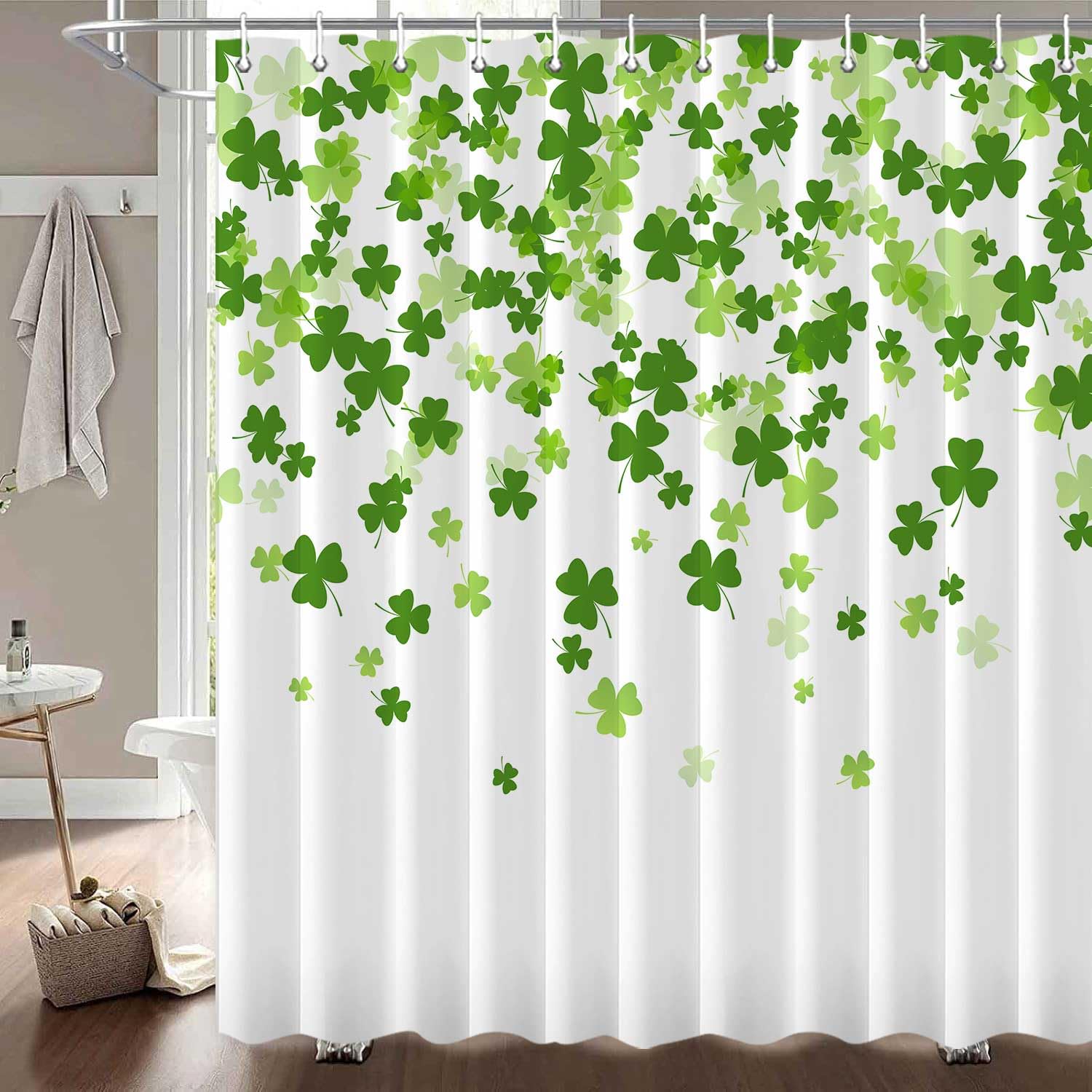 St. Patrick's Day Shower Curtain - Green Clover Leaf Irish Shamrock Design with Hooks, 72x72 inches - Perfect for Bathroom Decor & Irish Themed Parties