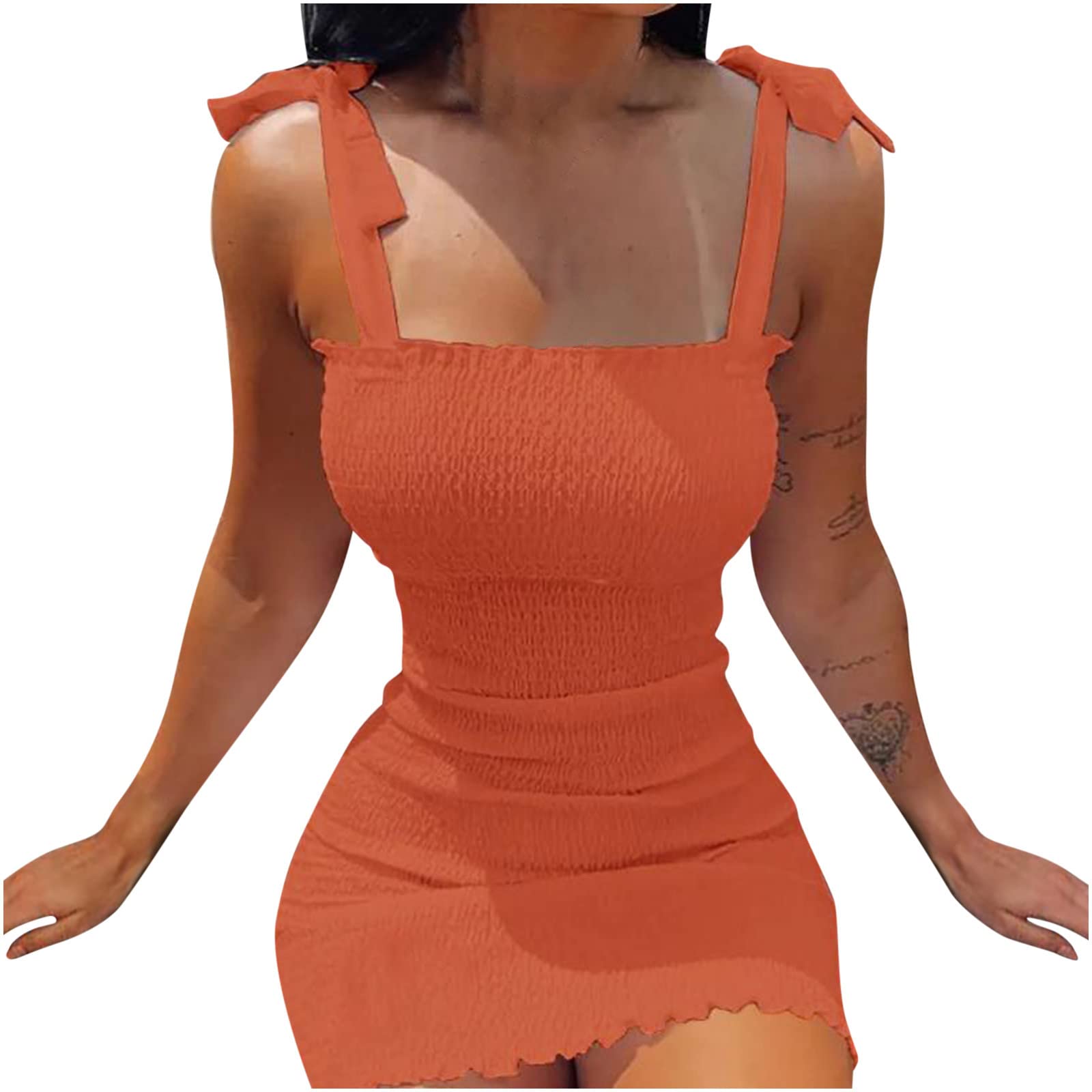 2022 Women's Summer Dresses - Solid Color Lace Sling Straps Sleeveless Elastic Pleated Waist Dress with V-Neck & Tie | Plus Size Casual Outfit for Beach, Party & Vacation
