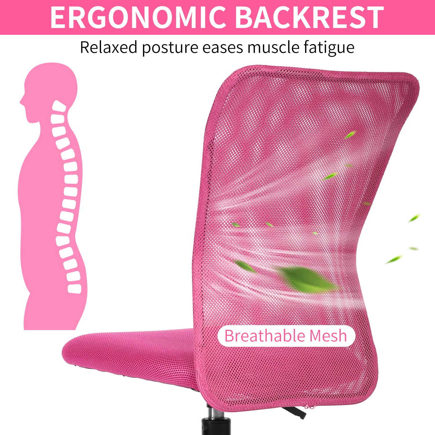 Ergonomic Armless Office Chair - Adjustable Height Mesh Computer Desk Chair with Lumbar Support, Rolling Swivel Task Chair for Small Spaces, Pink | Perfect for Home Office, Gaming & Workspace Comfort