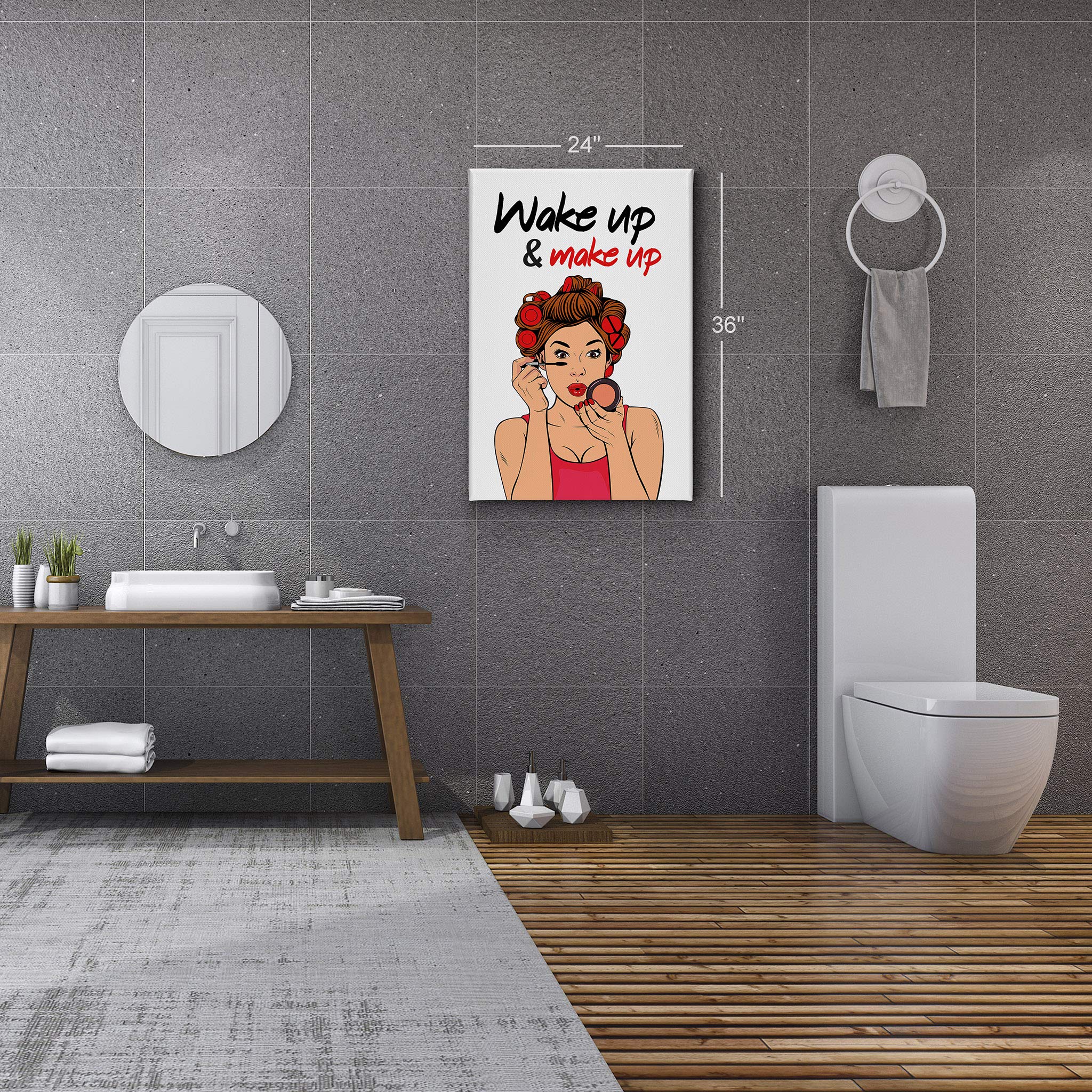 Smile Art Design Wake Up Make Up Canvas Print - Pretty Woman Bathroom Sign Wall Decor (40x30 Inches) | Ready to Hang Bathroom Wall Art, Home Decoration | Made in USA | Perfect for Powder Rooms, Guest Baths & Vanity Areas