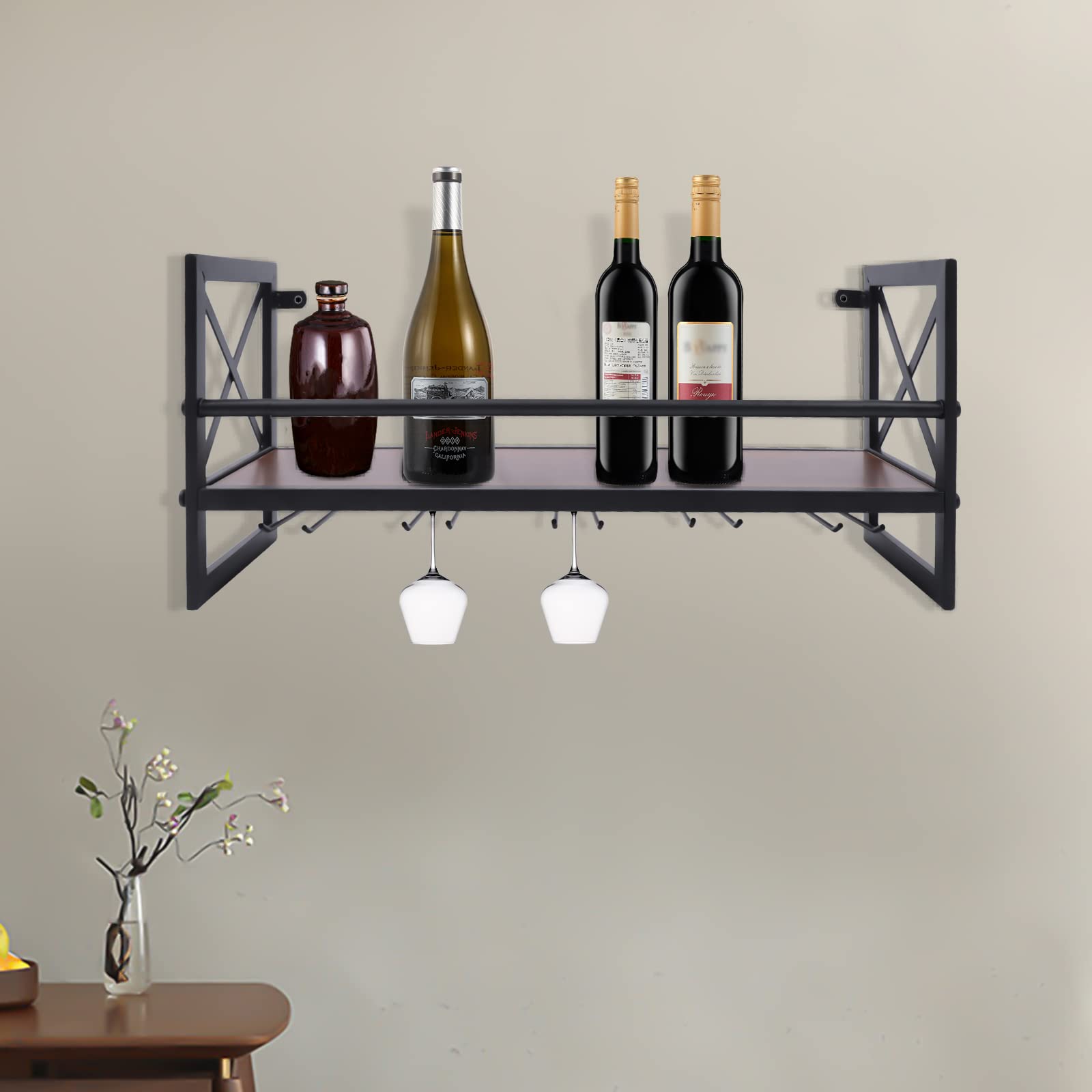 **Industrial Wine Rack - 1-Tier Wall Mounted Wine Holder with 5 Stem Glass Storage, Rustic Metal Floating Bar Shelf for Home, Kitchen, Bar | Perfect for Small Spaces & Entertaining Guests**