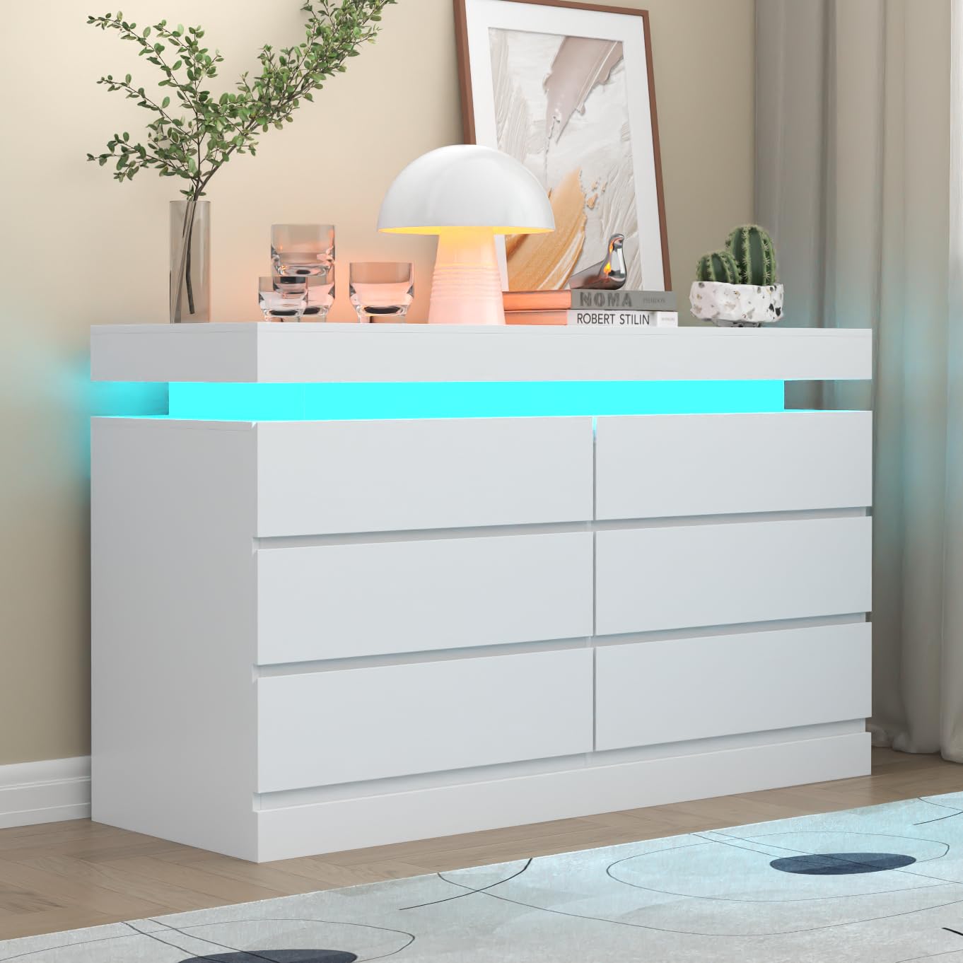 6-Drawer Dresser with Power Outlet & LED Lights - Modern White Chest of Drawers with Double Wide Storage for Bedroom, Living Room, Entryway - Perfect for Organizing Clothes, Accessories & Home Decor