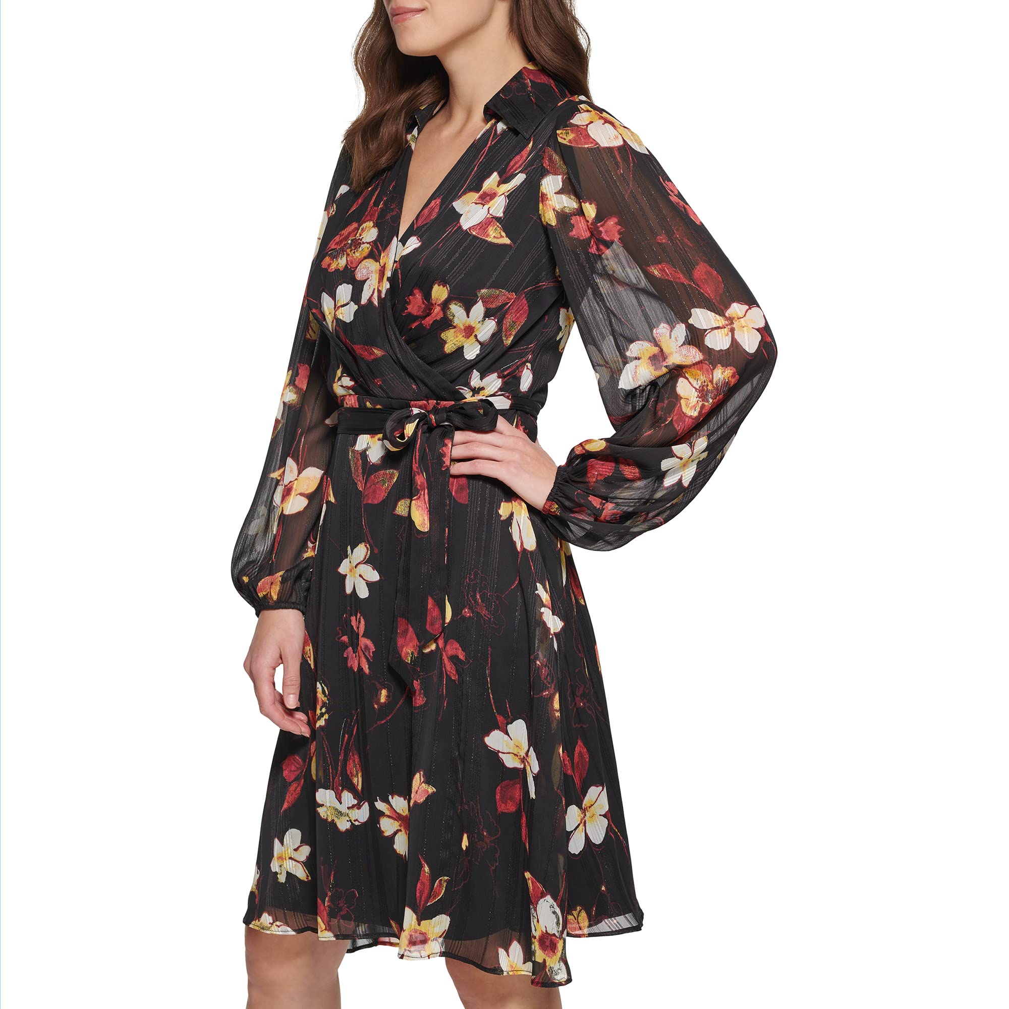 DKNY Women's Long Sleeve Faux Wrap Dress - Elegant Office Wear & Cocktail Party Dress for Women | Plus Size Options Available