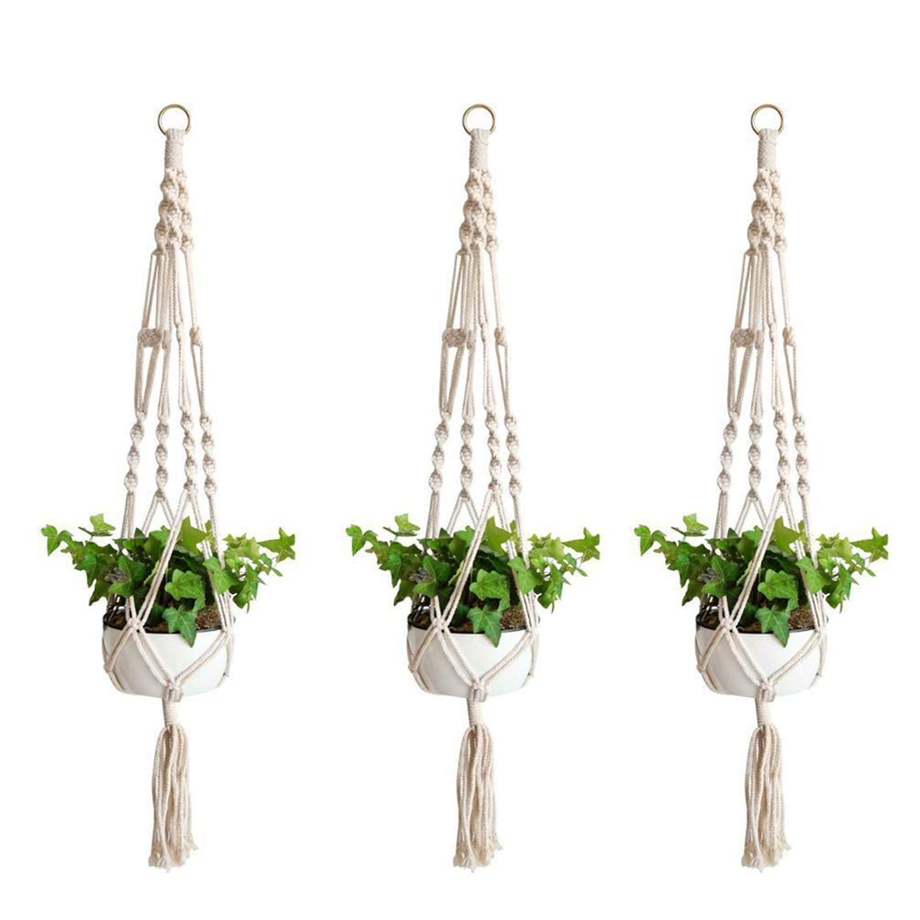 3-Piece Macrame Plant Hangers for Indoor Plants - Boho Hanging Flower Pot Holders with Decorative Basket Stand - Perfect for Living Room, Bedroom, Balcony & Boho Home Decor