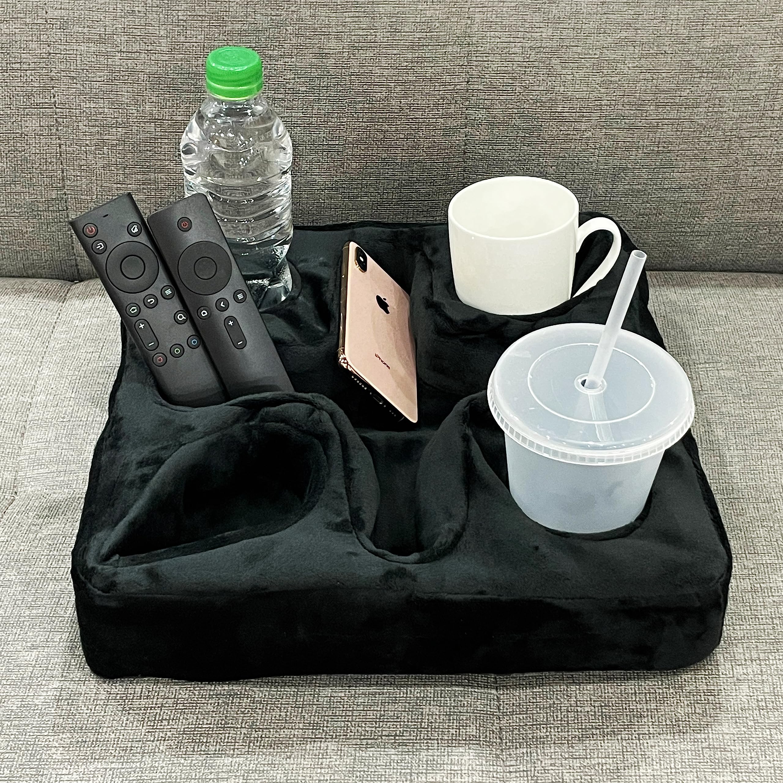 Multi-Functional Couch and Bed Cup Holder Pillow - Drink Tray with Snack & Remote Control Storage - Perfect for Movie Nights, Gaming, and Relaxing (Black)