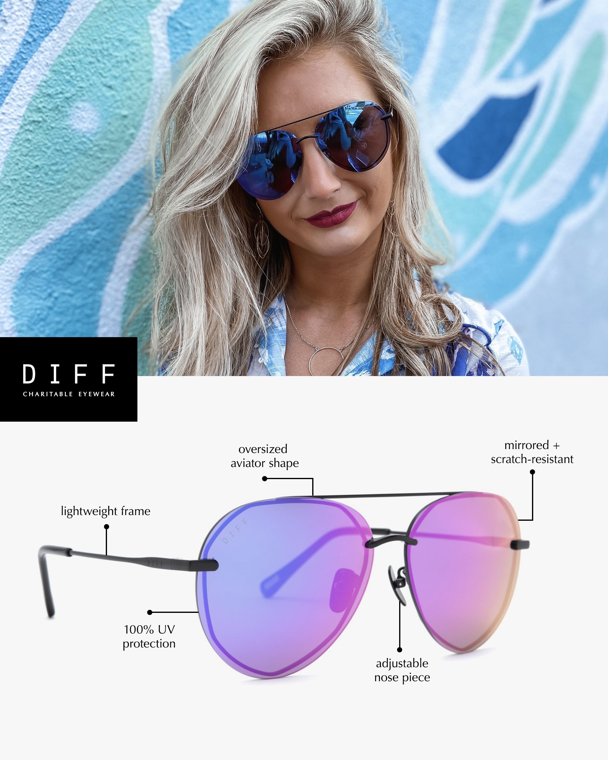 DIFF Lenox Designer Oversized Aviator Sunglasses for Women - UV400 Protection, Stainless Steel Frames - Perfect for Driving, Beach & Outdoor Activities