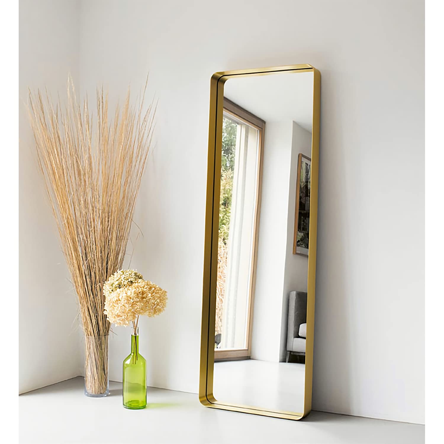 18x48 Inch Gold Wall Mirror with Metal Frame & Rounded Corners - Horizontal/Vertical Mounting Decorative Mirror for Vanity, Bathroom & Bedroom - Perfect for Full-Length Viewing & Home Decor