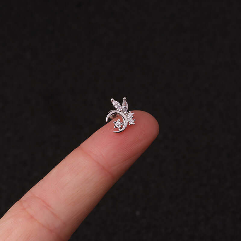 16G Celestial Cartilage Stud Earrings for Women - Silver Star & Moon Piercing Jewelry - HSPJ219 | Perfect for Daily Wear, Parties & Gifts
