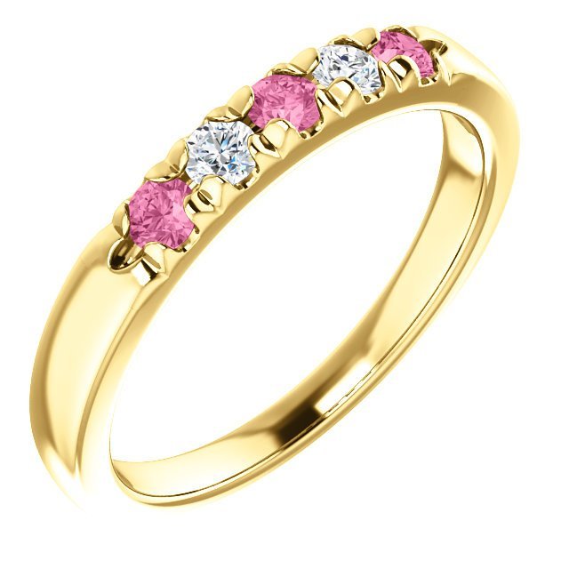 14K Gold Pink Sapphire & Diamond Ring - 0.24ctw Pink Sapphire & 0.12ctw Diamond French Set 5 Stone Wedding Band - Perfect for Engagement, Anniversary & Special Occasion Gifts