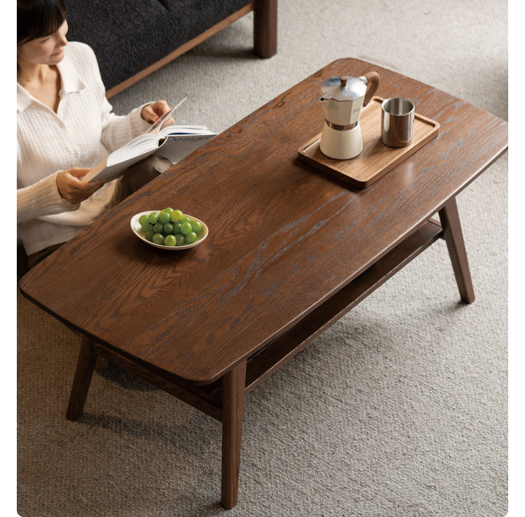 Solid Oak Wood Walnut Finish Double Layer Coffee Table - Modern Living Room Furniture for Home Decor & Small Space