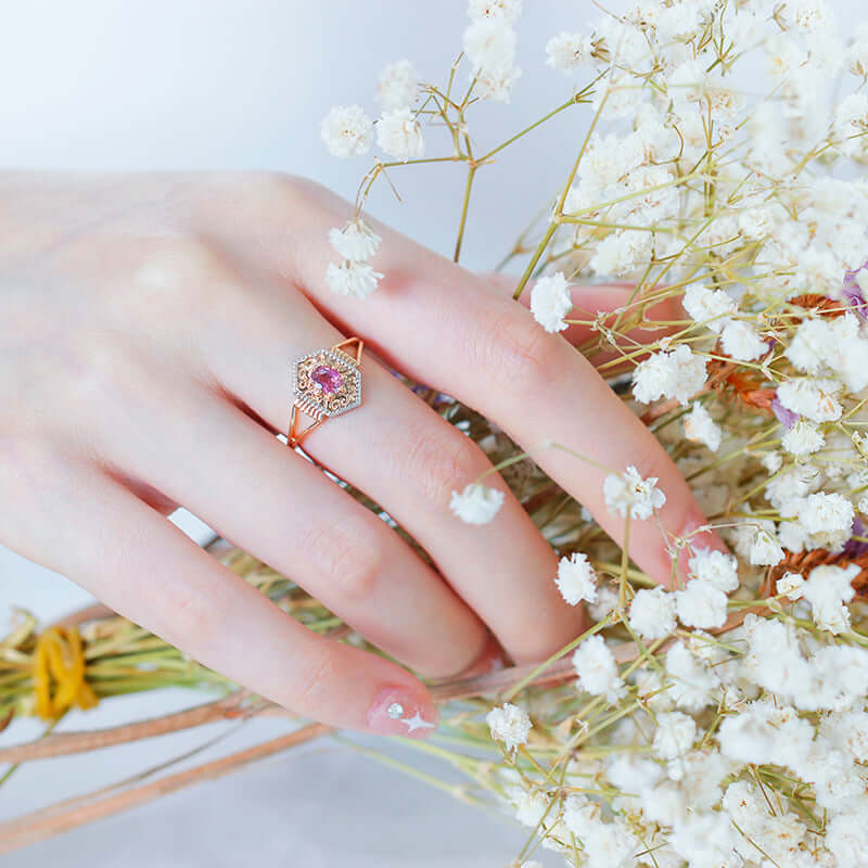 Vintage Pink Tourmaline Rhombus Filigree Ring - Elegant Gemstone Jewelry for Women | TB1926 | Perfect for Weddings, Parties & Special Occasions