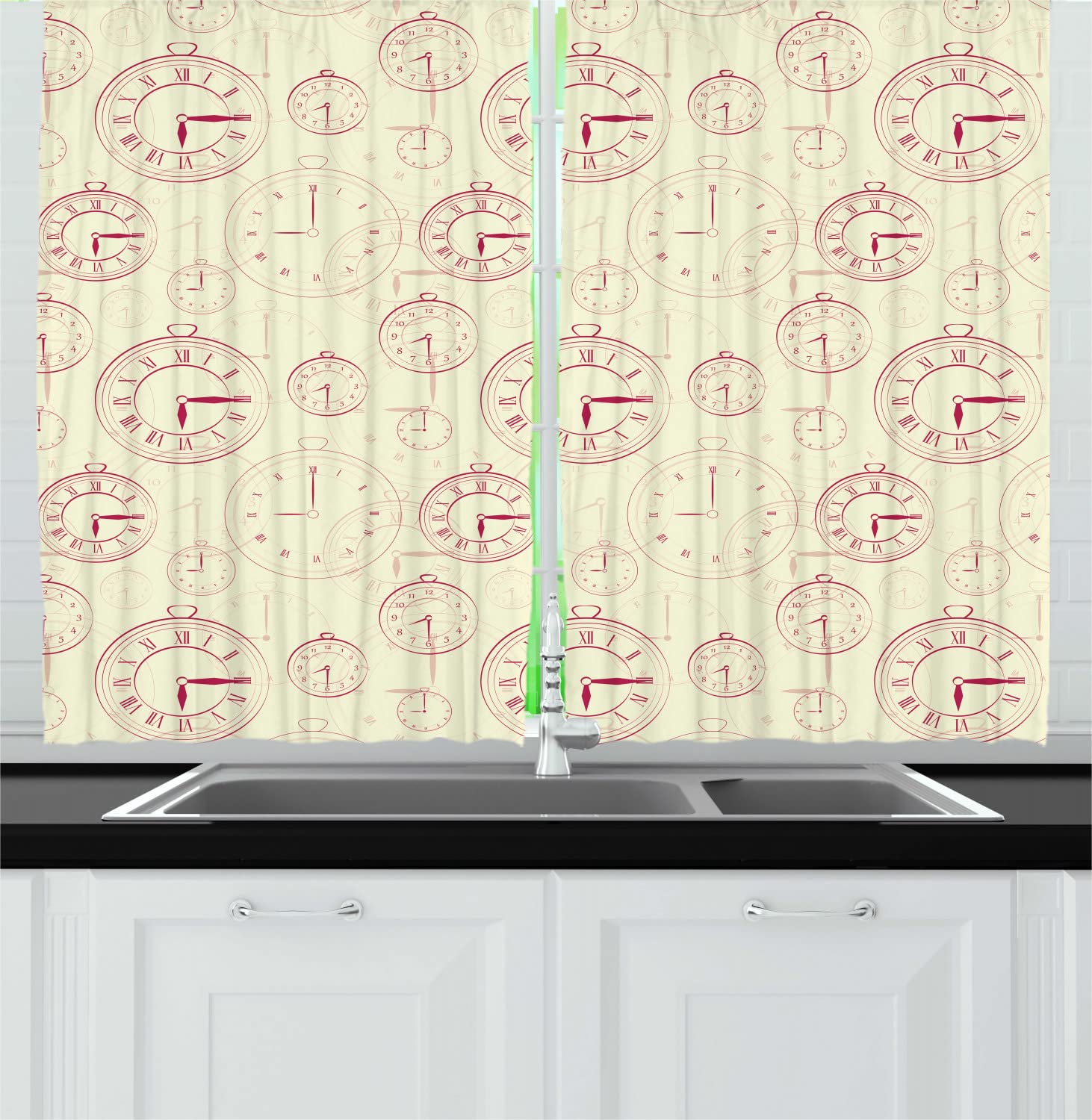 Ambesonne Vintage Roman Numeral Clock Kitchen Curtains - Antique Time Machine Design, 2 Panels with Rod Pocket, 55