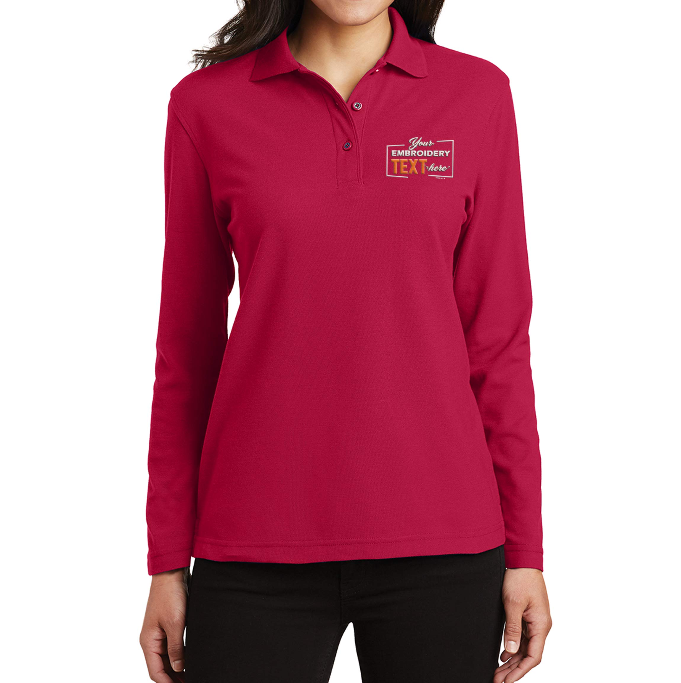 Custom Embroidered Long Sleeve Polo Shirt for Women - Personalized Text & Logo Embroidery - Perfect for Corporate Uniforms, Team Apparel & Gift Giving