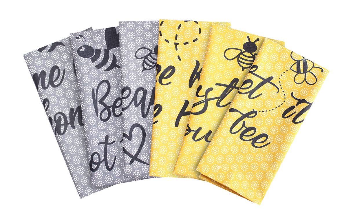 **ANA Eco-Friendly 100% Cotton Kitchen Dish Cloths - Super Absorbent, Reusable Towels (Set of 6) | Bee Grey & Yellow Print, Typography Pattern | 20x28 Inch | Perfect for Cleaning, Drying Dishes & Adding Style to Your Kitchen**