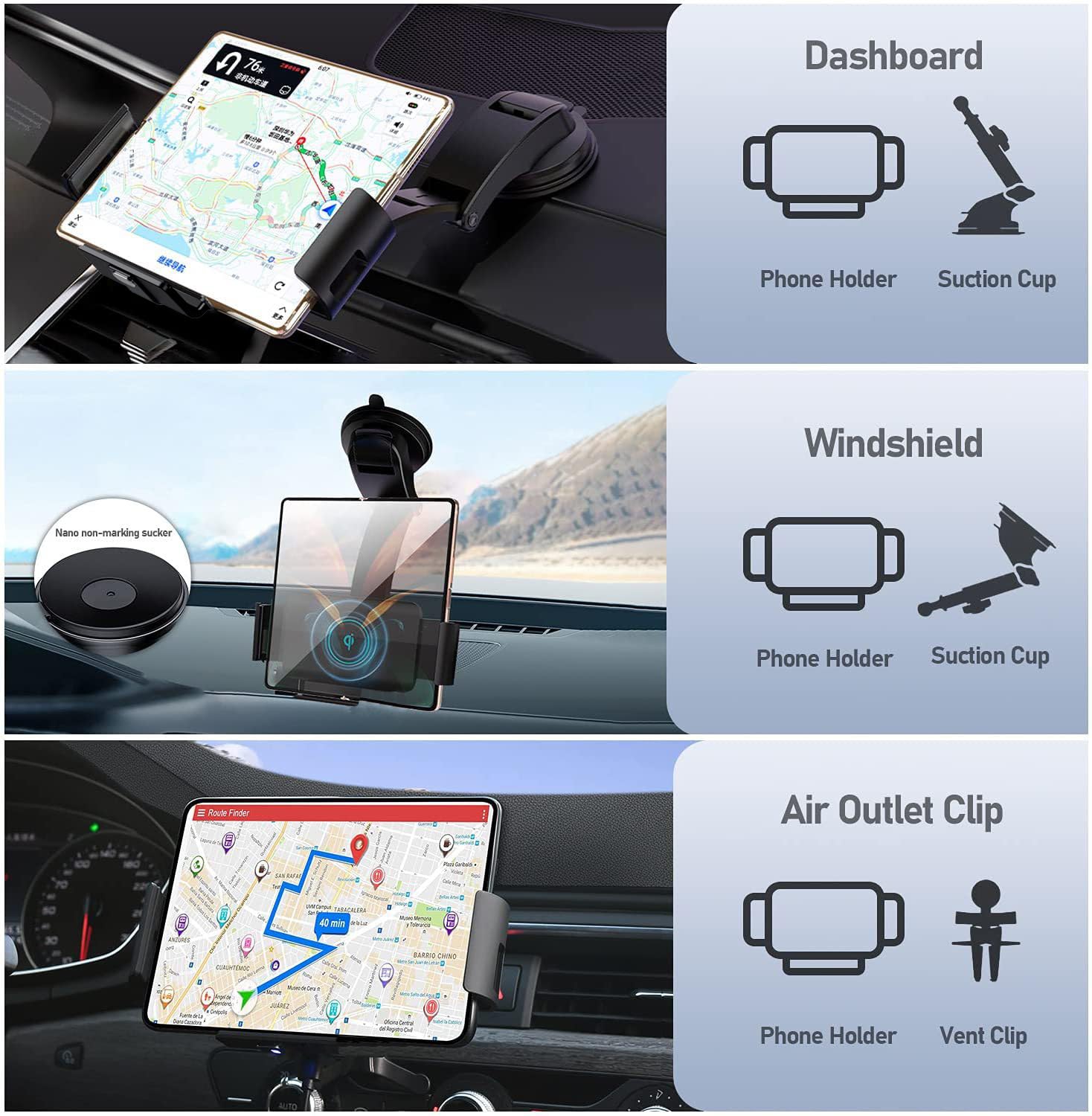 15W Qi Wireless Car Charger Mount - Compatible with Samsung Galaxy Z Fold6/Fold5/Fold4/Fold3/Fold2 & S25 Ultra, iPhone 16 Pro Max (4.3-6.9 inch Phones) - Auto Clamp Fast Charging Phone Holder for Safe Driving & Hands-Free Use