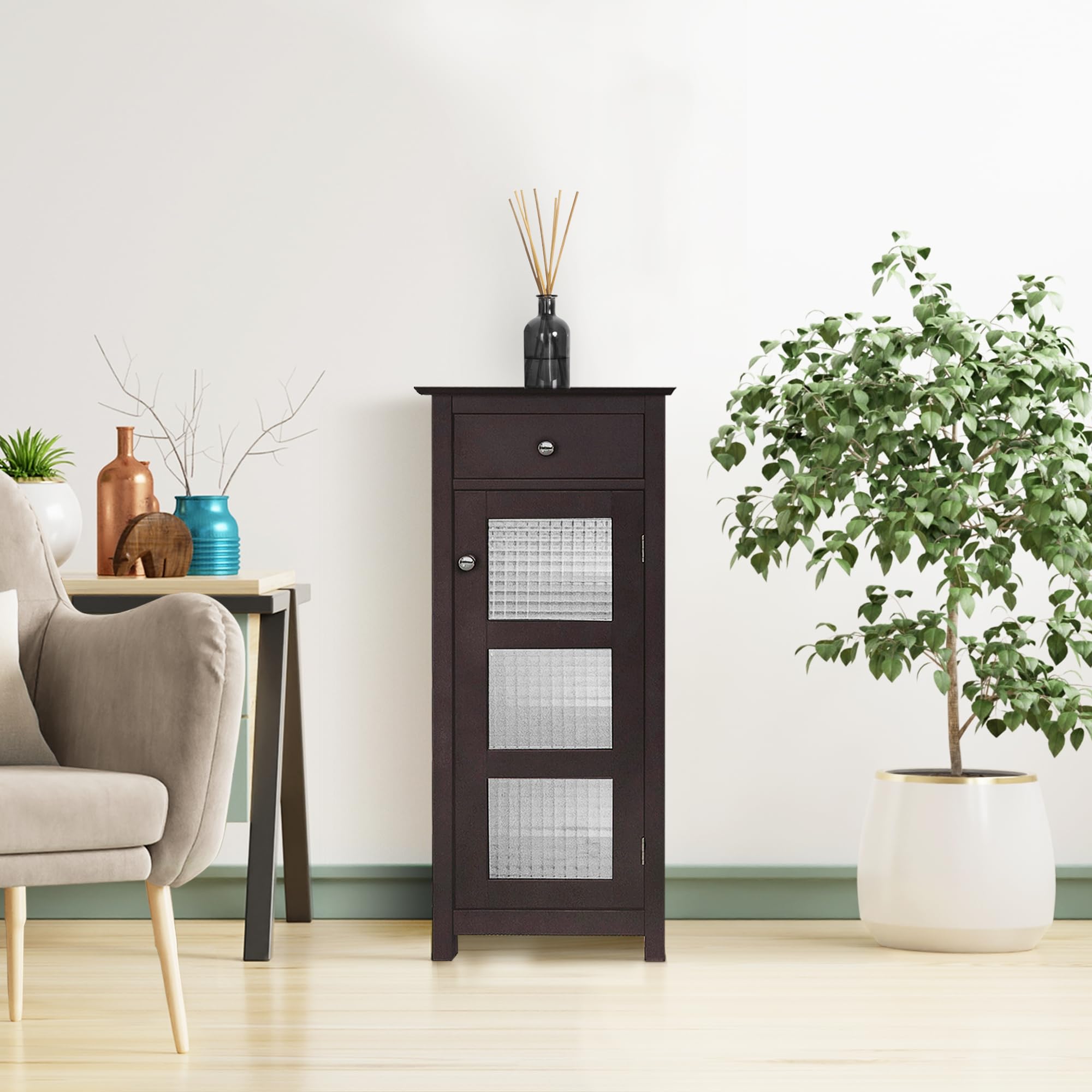 Teamson Home Chesterfield Wooden Floor Cabinet with Waffle Glass Door and Drawer - Espresso Finish Storage Cabinet for Living Room, Bedroom & Entryway Organization