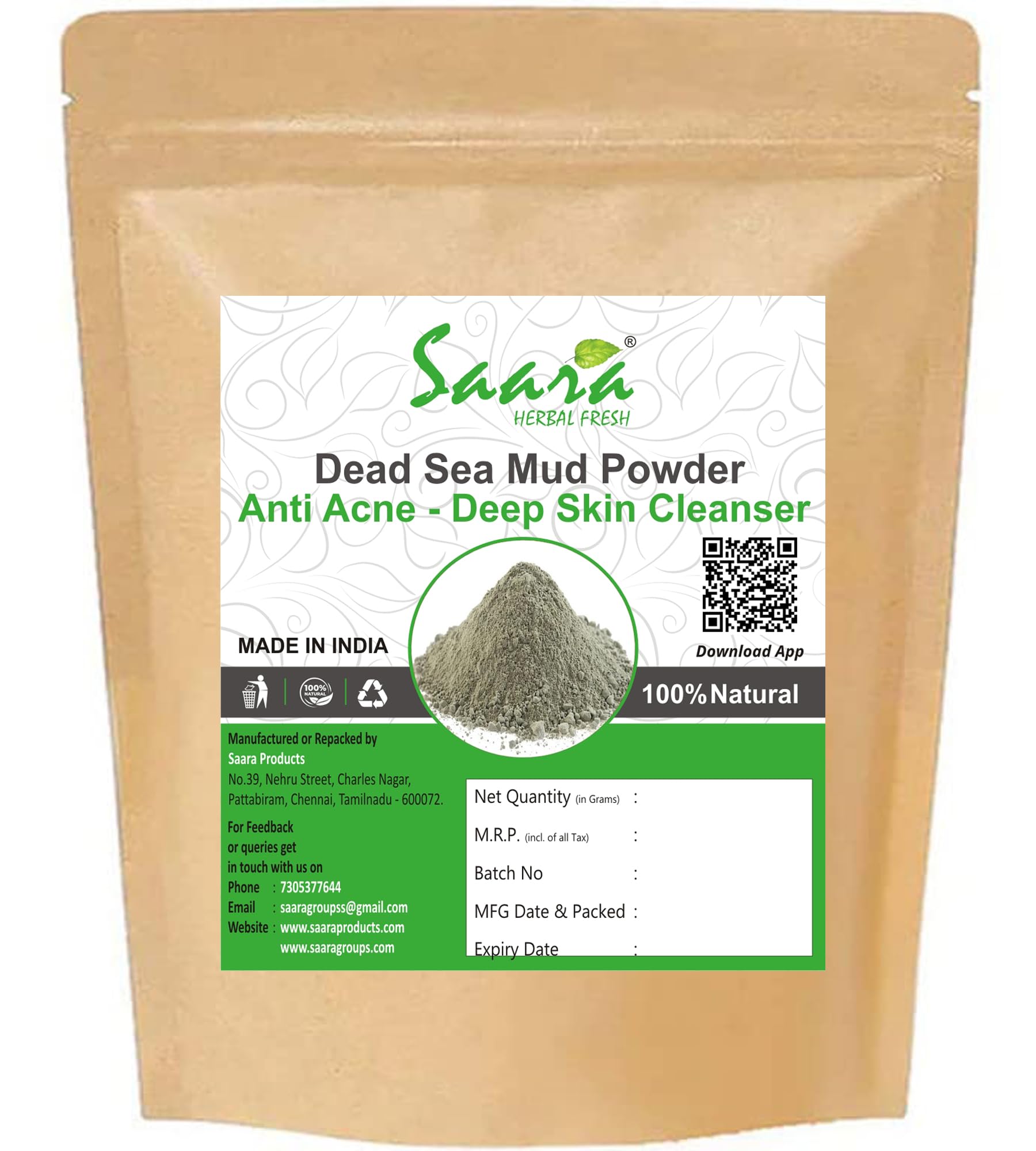 Saara HERBAL FRESH Dead Sea Mud Clay Mask Powder - 150g | Deep Cleansing & Detoxifying Facial Mask for Blackhead & Acne Removal | Moisturizing & Circulation Boosting | All Skin Types | Use for Spa Day, Self-Care Routine & Glowing Skin Treatment