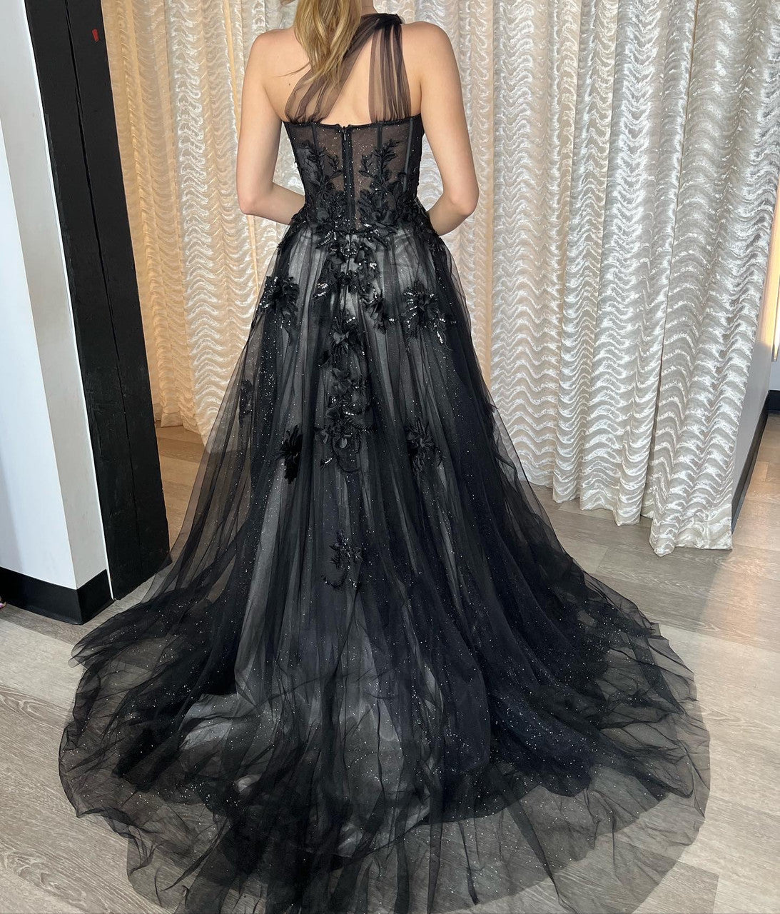 Elegant Leila One Shoulder Evening Gown A1053 in Black by Andrea & Leo - Perfect for Prom, Wedding Guest & Formal Events