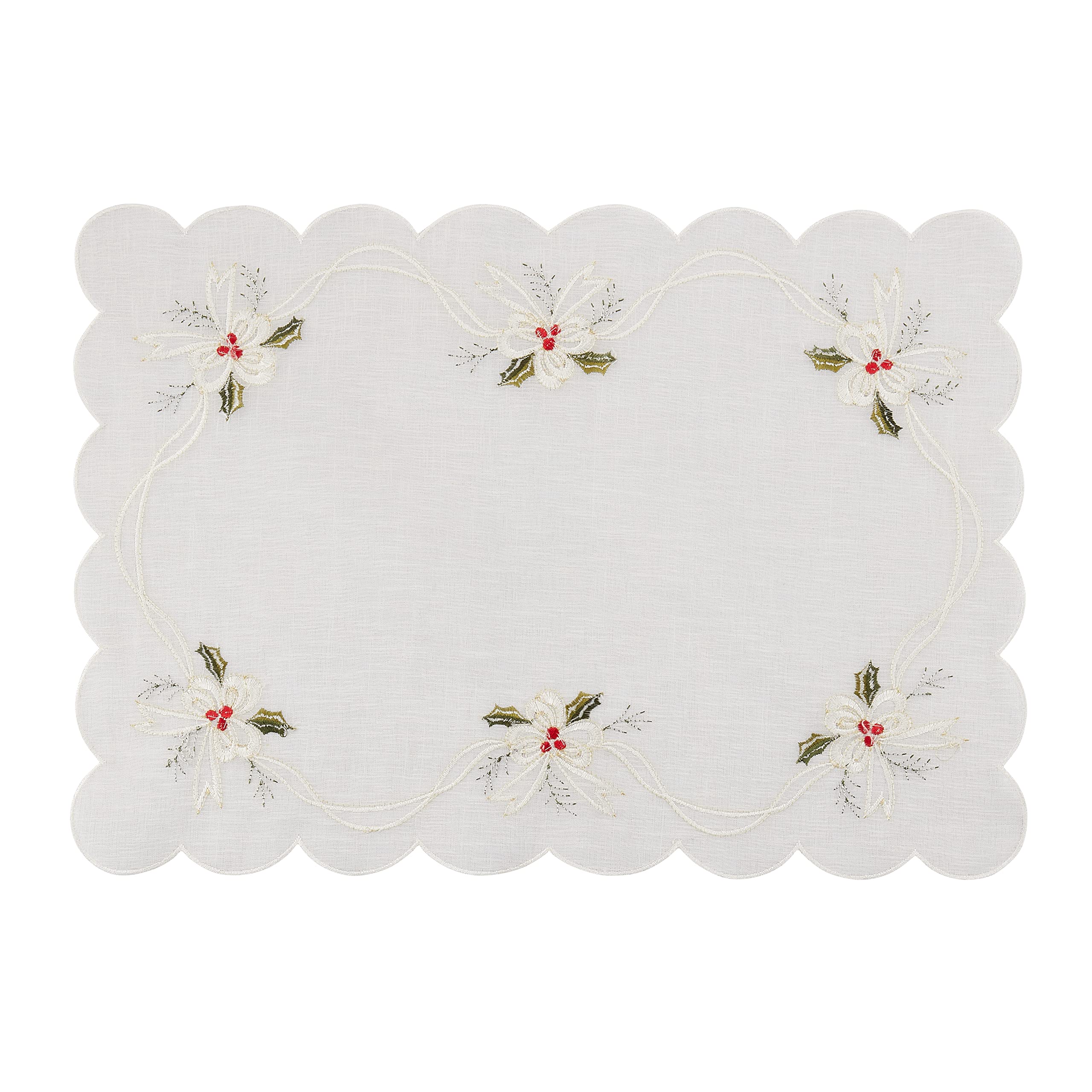 Embroidered Holly and Ribbon Christmas Placemats Set of 4 - Holiday Table Decor for Dining Room, Party, and Festive Home Decor