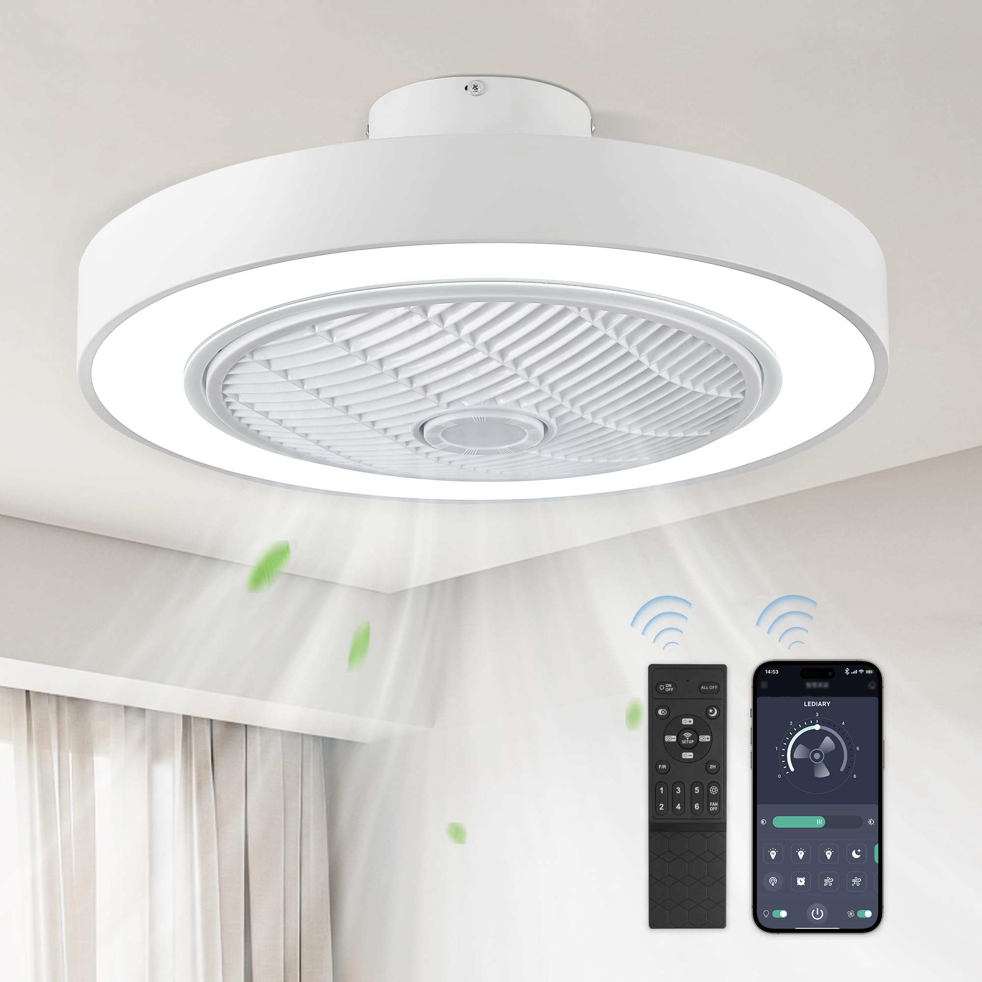 LEDIARY 22 Inch Bladeless Ceiling Fan with Light & Remote - 6 Speed Adjustable, 3000-6000K Color Temperature - Modern Flush Mount LED Ceiling Fan for Bedroom, Living Room, Nursery - Energy Efficient & Quiet Operation for Home & Office Use