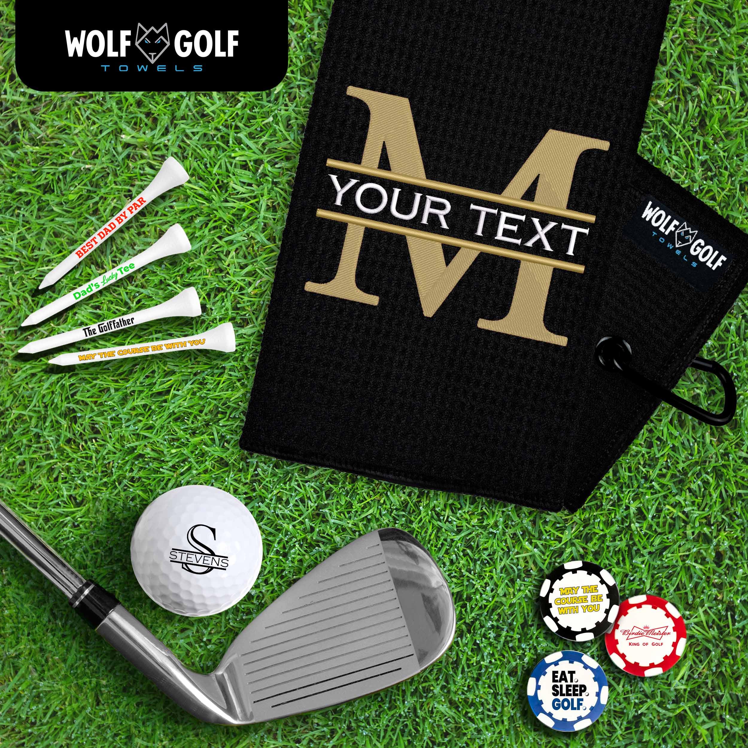 Personalized Golf Towel for Golf Bags - Custom Monogrammed Golf Towel Gift for Men & Women | Premium Absorbent Black Split Mono Design | Perfect for Golf Courses, Driving Range & Sports Events