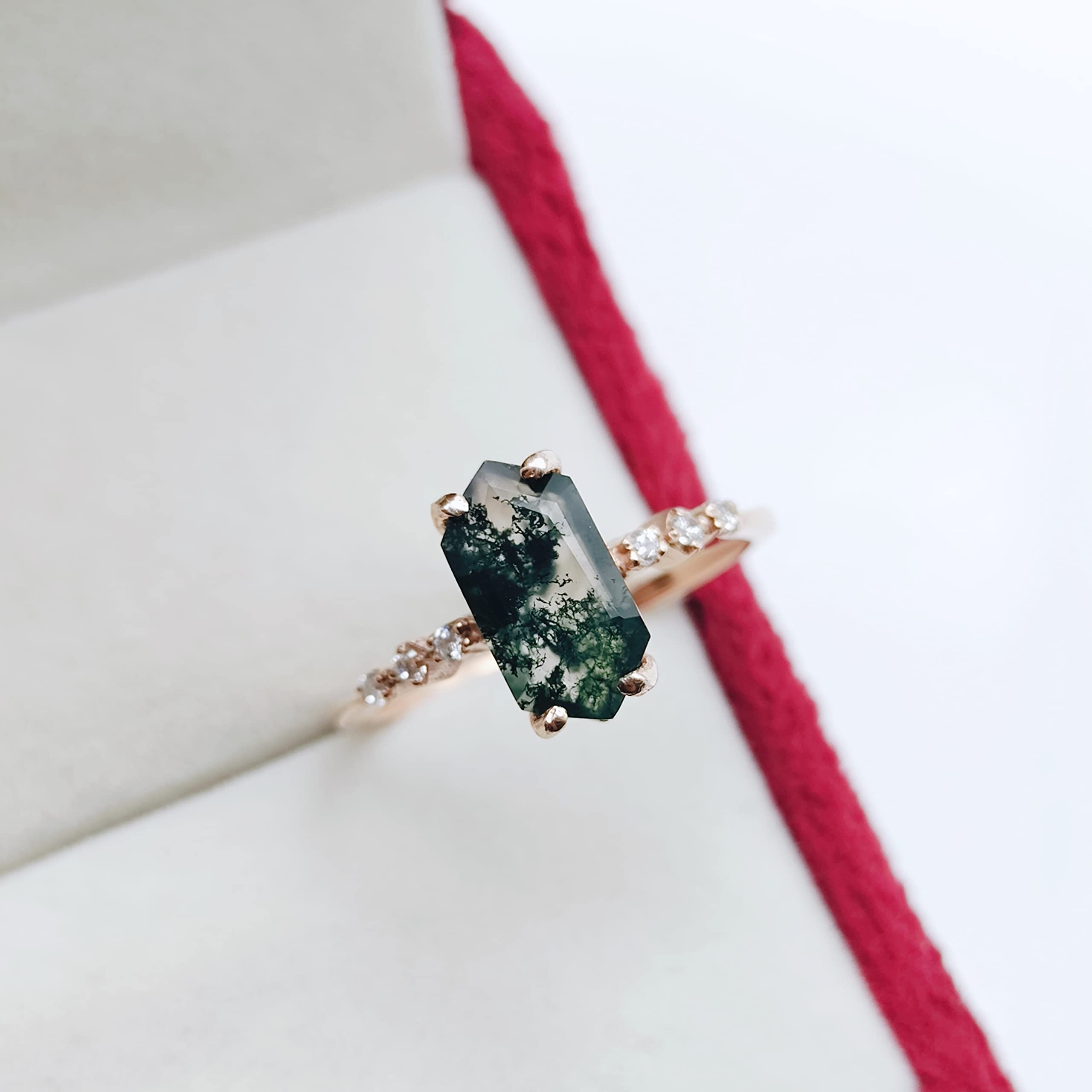 Natural Moss Agate Hexagon Ring for Women - Rose Gold, White, Green & Silver Stackable Promise Ring | Elegant Birthstone Jewelry Gift for Her, Anniversary & Special Occasions | Perfect for Stacking, Layering & Everyday Wear