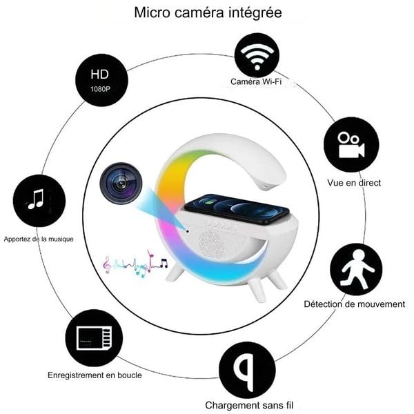 Eurowebbiz 4K Wireless Spy Camera Lamp with Induction Charger & Bluetooth Speaker - Modern Multifunctional Device for Smartphone & Tablet - Perfect for Home Security, Office Monitoring & Smart Charging