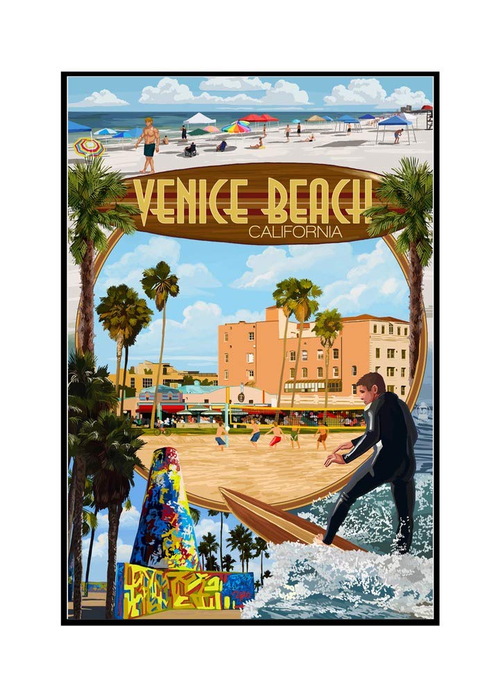 Venice Beach California Wall Art - 24x36 Framed Gallery Wrapped Canvas Print - Coastal Home Decor for Living Room, Bedroom & Office