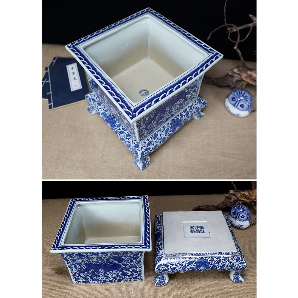 Hand-Painted Blue and White Chinese Porcelain Square Planter - Extra Large Jingdezhen Ceramic Flower Pot for Home Decor, Garden & Office Plants