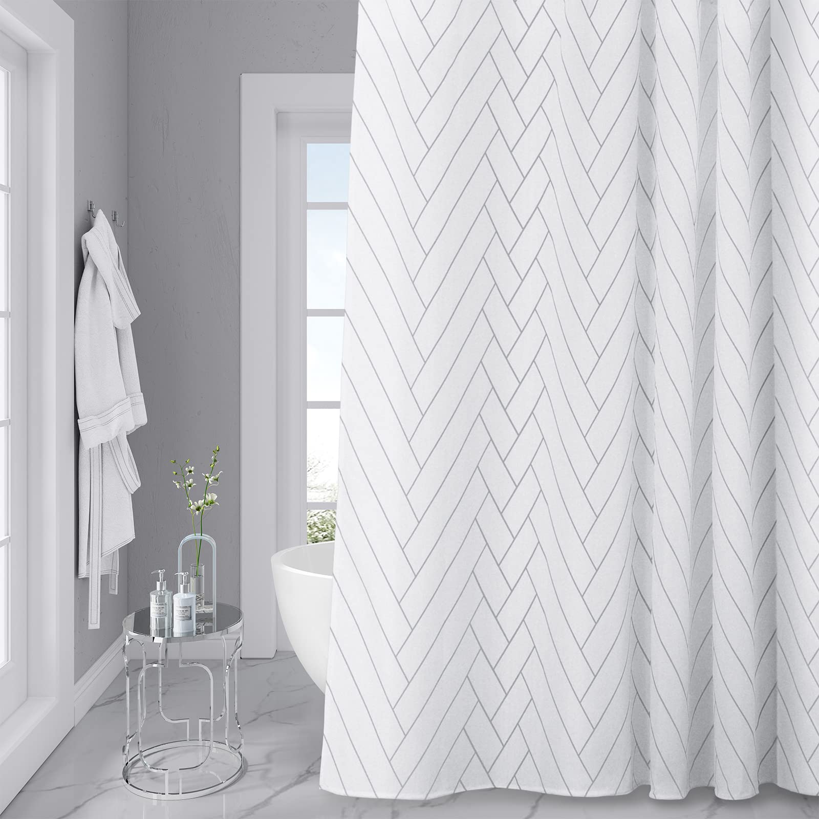 Awellife Extra Long 78 Inch Shower Curtain - White & Gray Modern Bathroom Decor with 12 Hooks - Waterproof Fabric for Large Bathtubs & Walk-In Showers