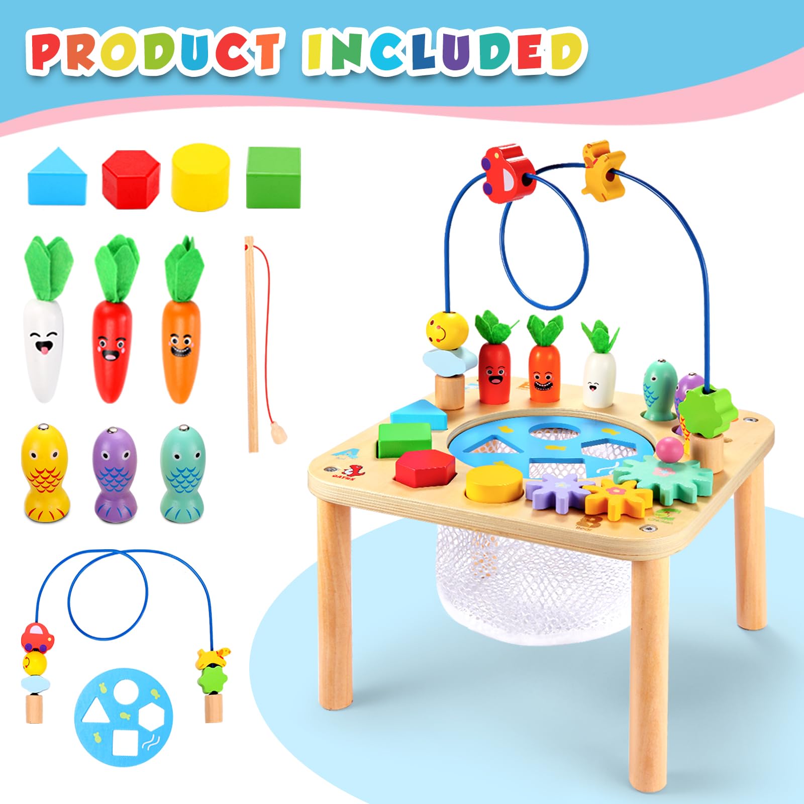 Oathx 6-in-1 Wooden Montessori Activity Table for Toddlers - Bead Maze, Shape Sorter & Fishing Game - Sensory Play Learning Toy for 1 Year Old Boys & Girls - Perfect 1st Birthday Gift for Home & Preschool Playtime